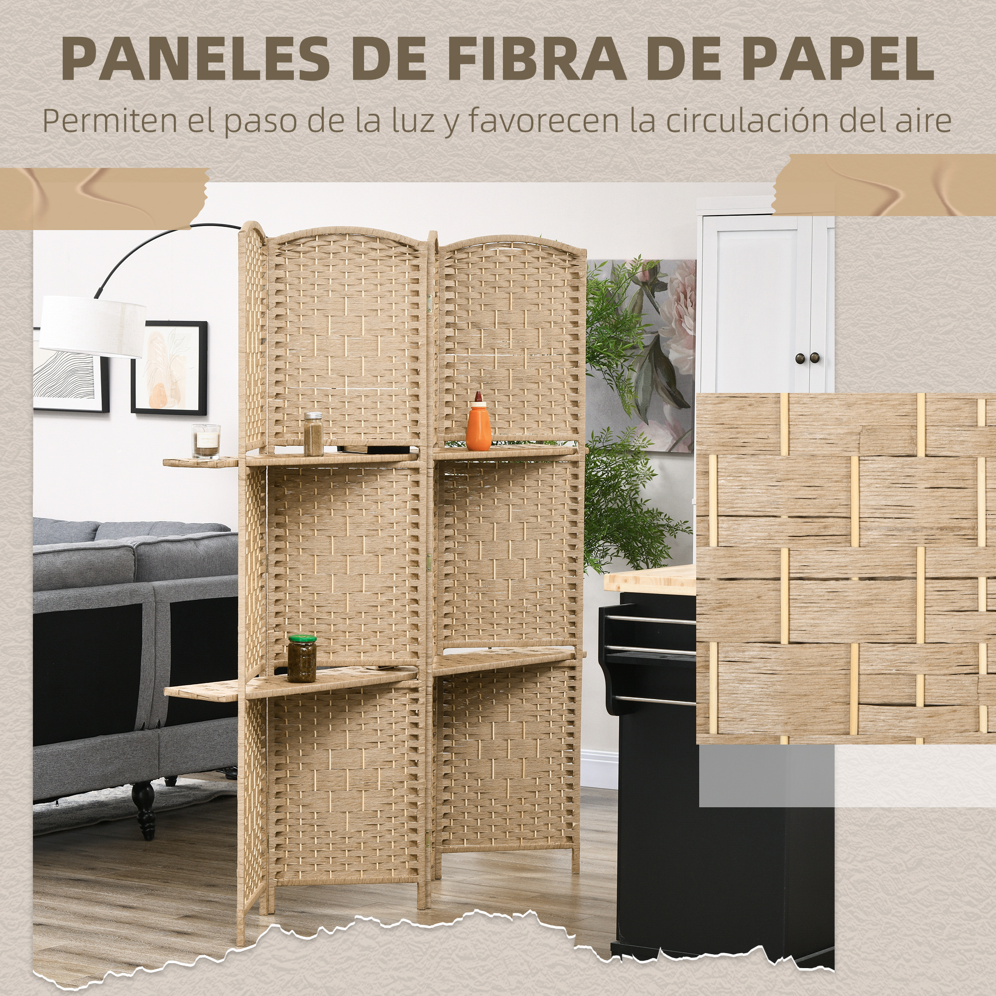 Un divisor de ambientes tejido beige con estantes, en interiores.