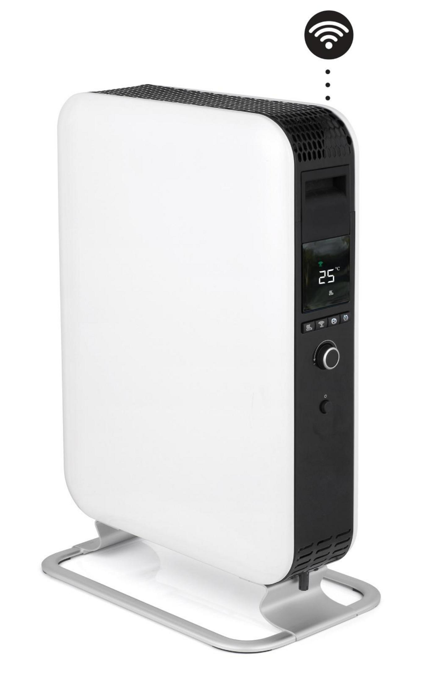 Een witte radiator met zwart bedieningspaneel en digitaal display van 25°C.