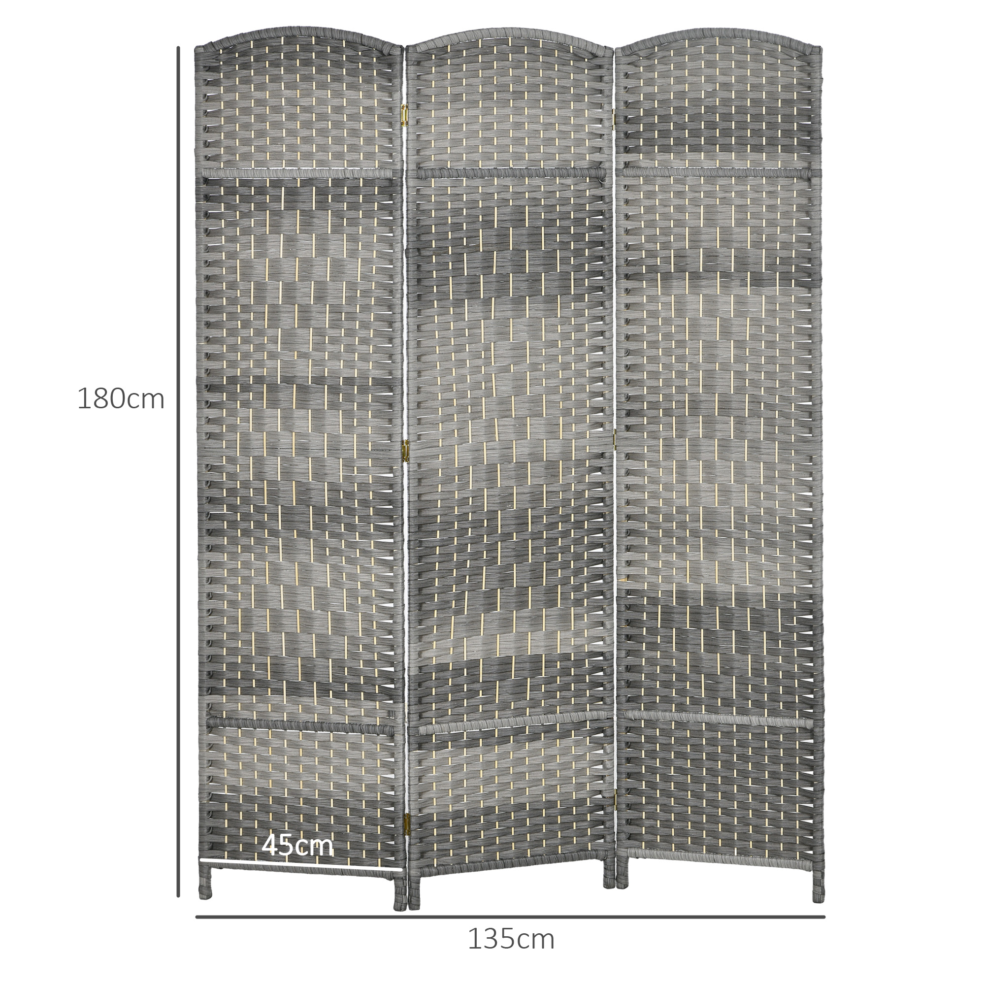 Divisor de ambientes gris de mimbre de tres paneles, 180x135x45cm.