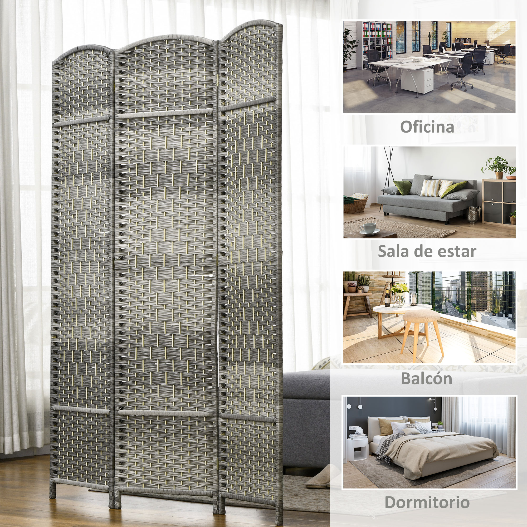 Divisor de habitación tejido gris con cuatro imágenes insertadas de oficinas, salas de estar, balcones y dormitorios.