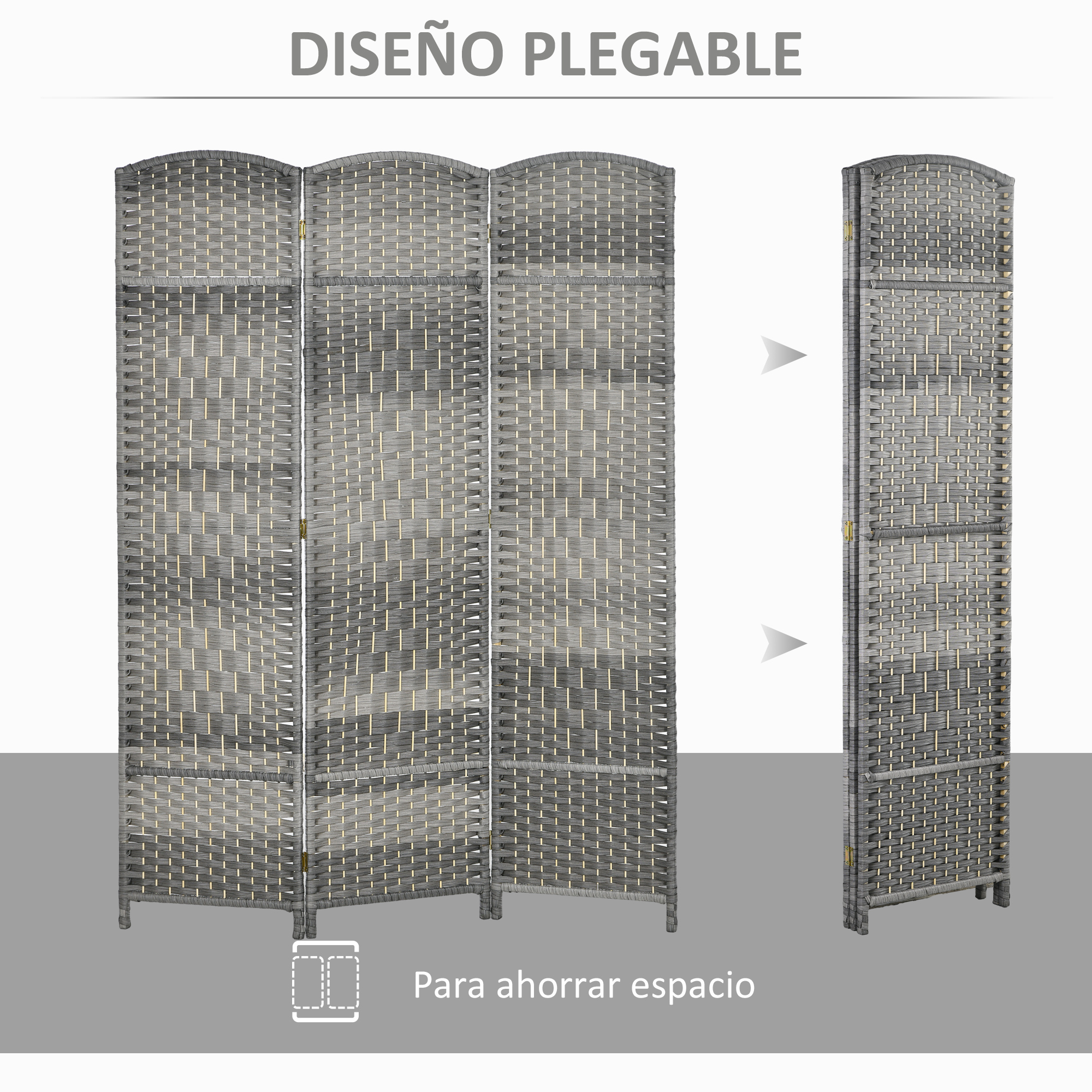Un separador de ambientes gris plegable de ratán con cuatro paneles, mostrado plegado.