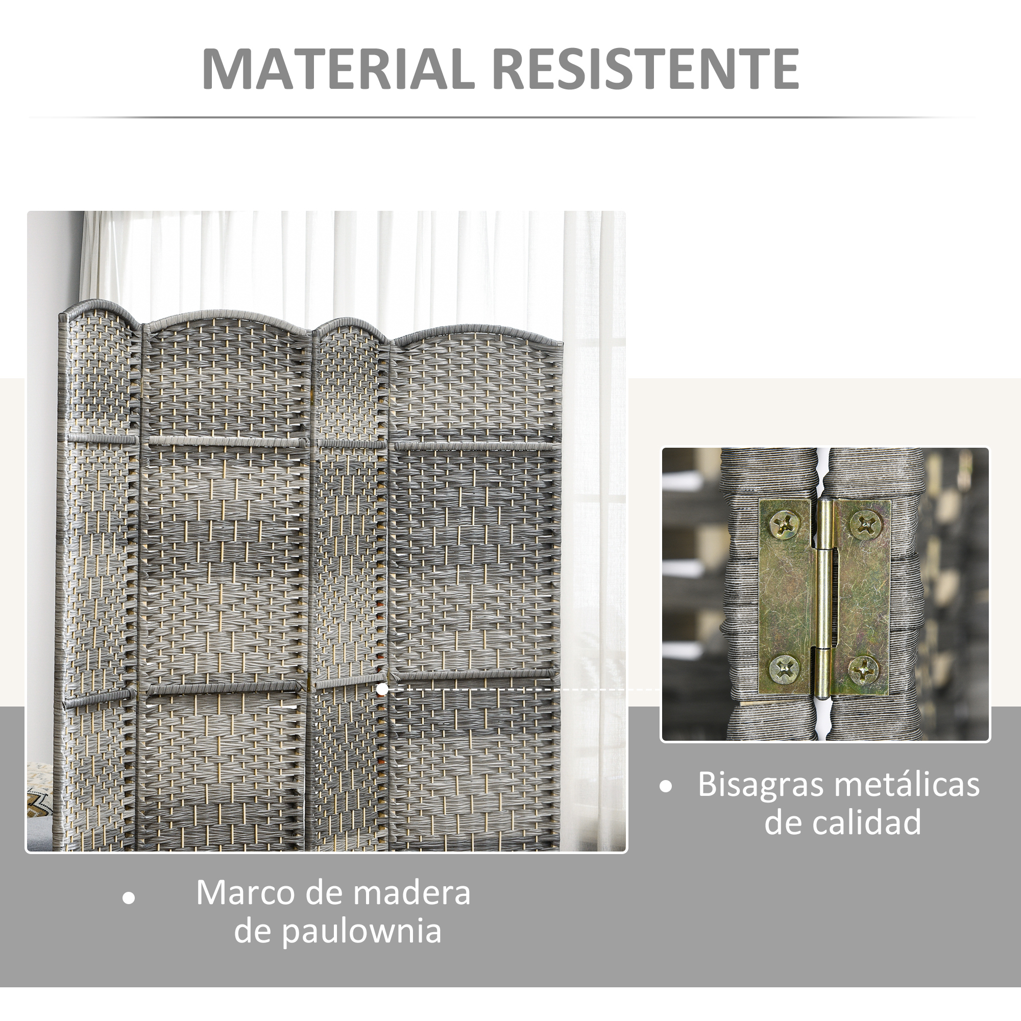 Biombo de ratán gris con marco de madera y bisagras metálicas.