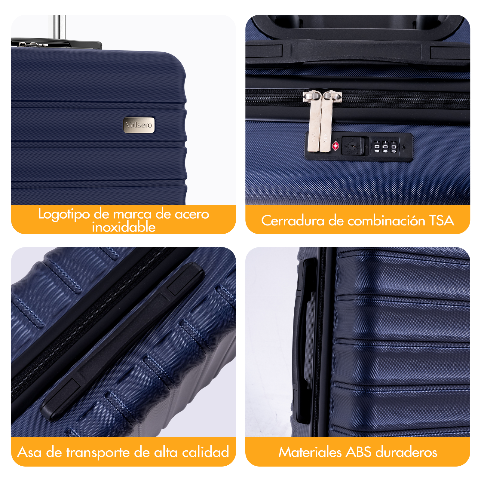 Maleta azul marino con cerradura TSA, logo metálico, asa y material ABS.