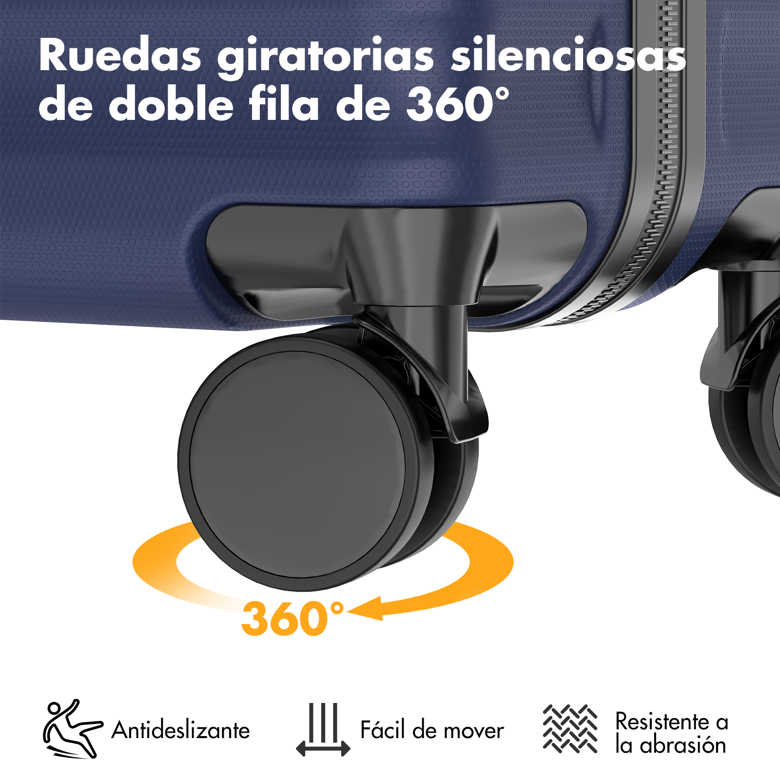 Rueda de maleta azul marino con giro 360°, antideslizante, fácil de mover.