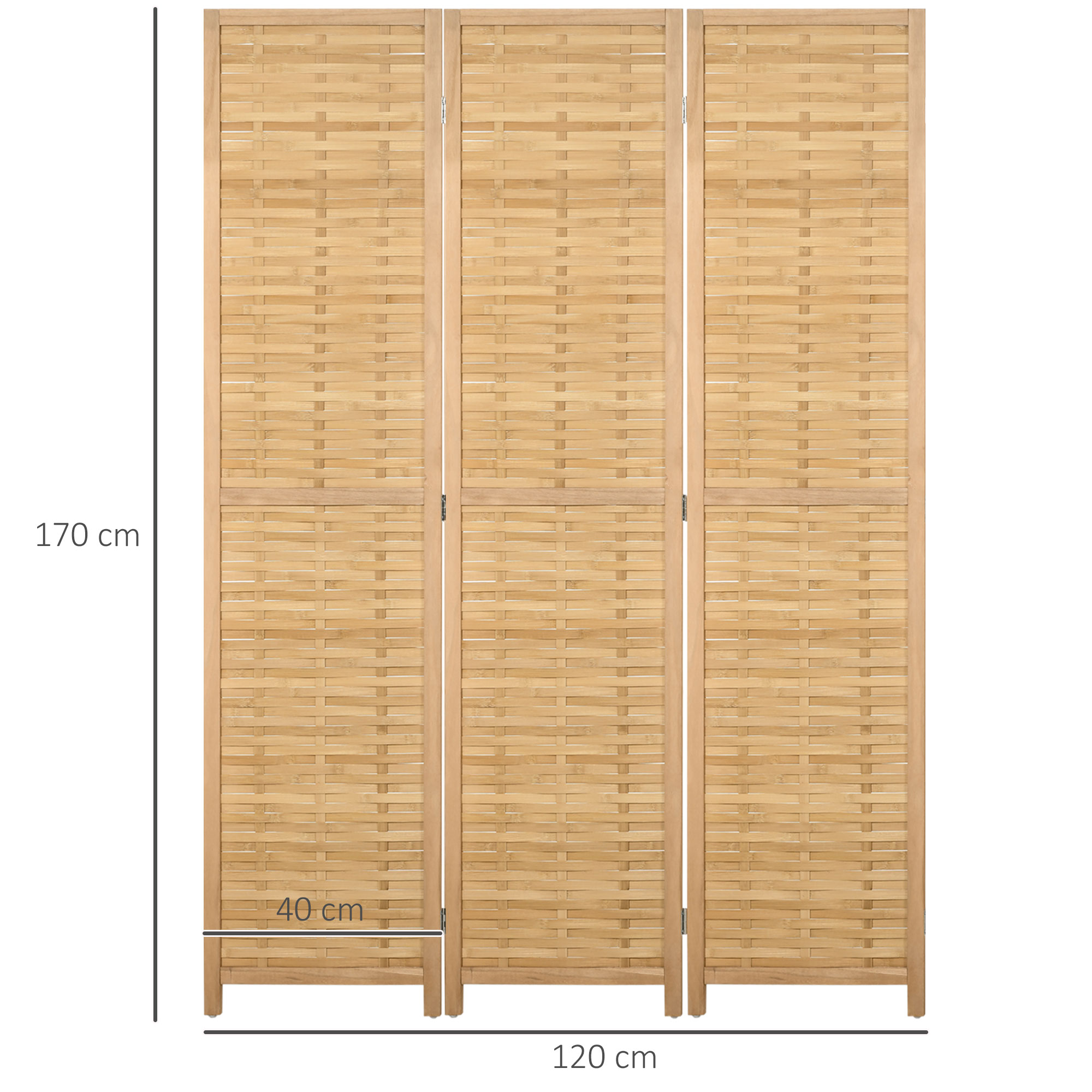 Un separador de ambientes de madera de tres paneles, tejido de bambú natural, 170cm de alto, 120cm de ancho.