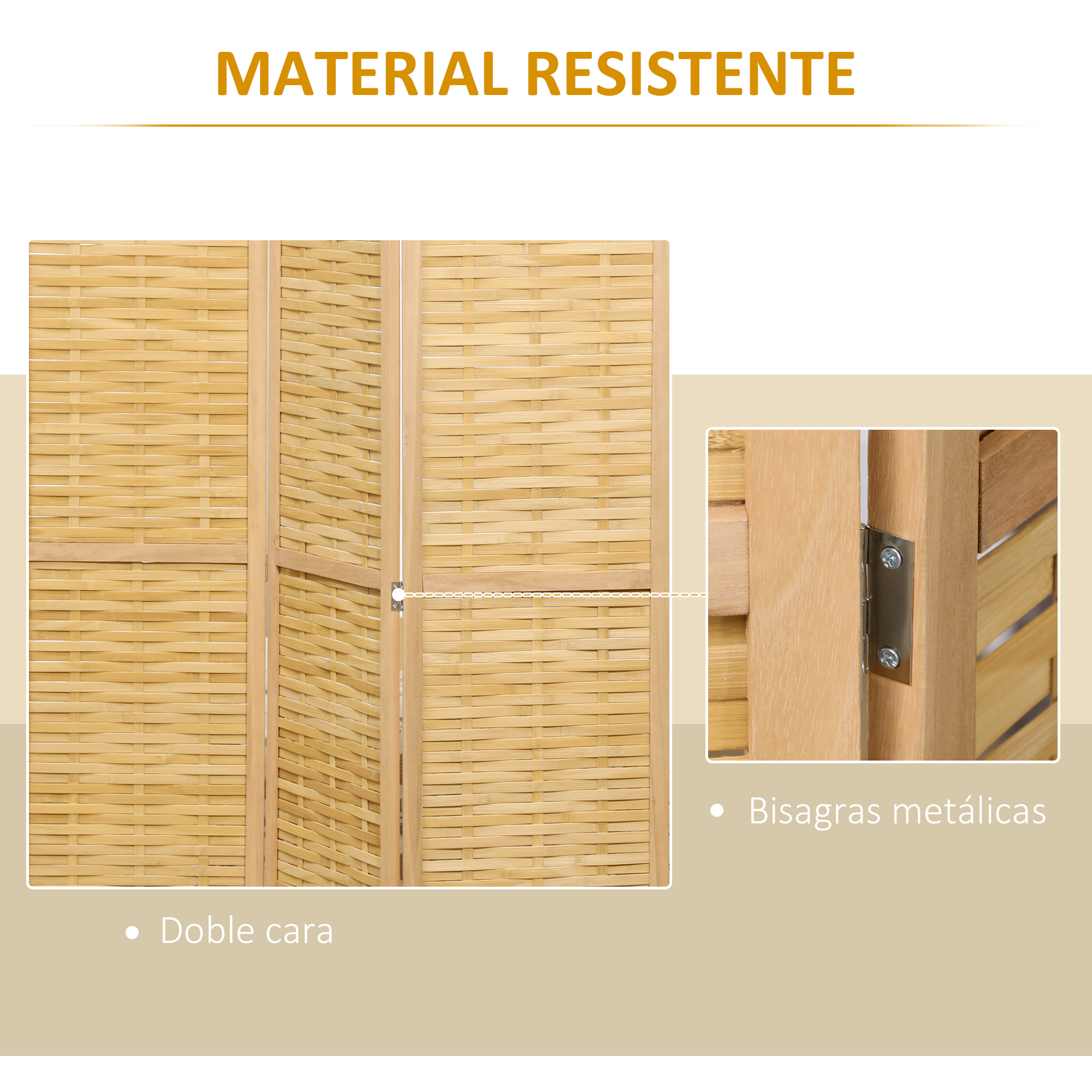 Un separador de ambientes plegable de tejido de bambú claro con marco de madera.
