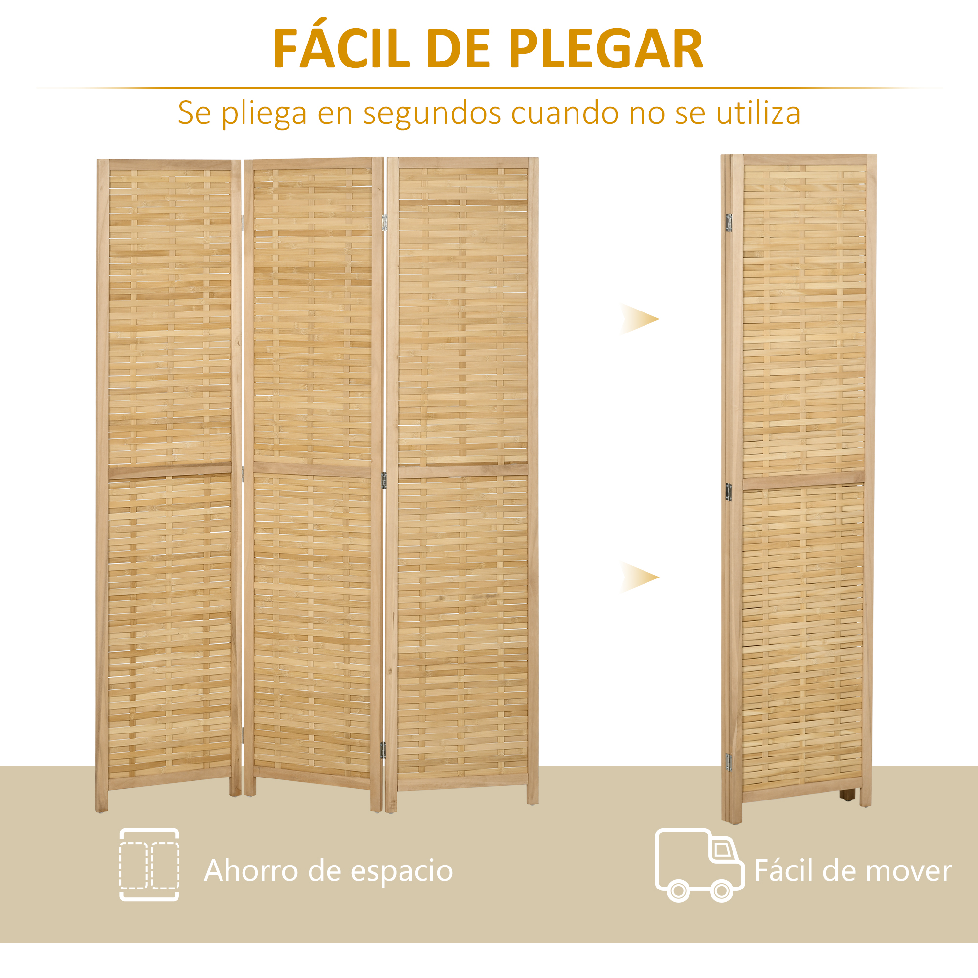 Un separador de ambientes tejido de bambú de 3 paneles, mostrado plegado y desplegado.