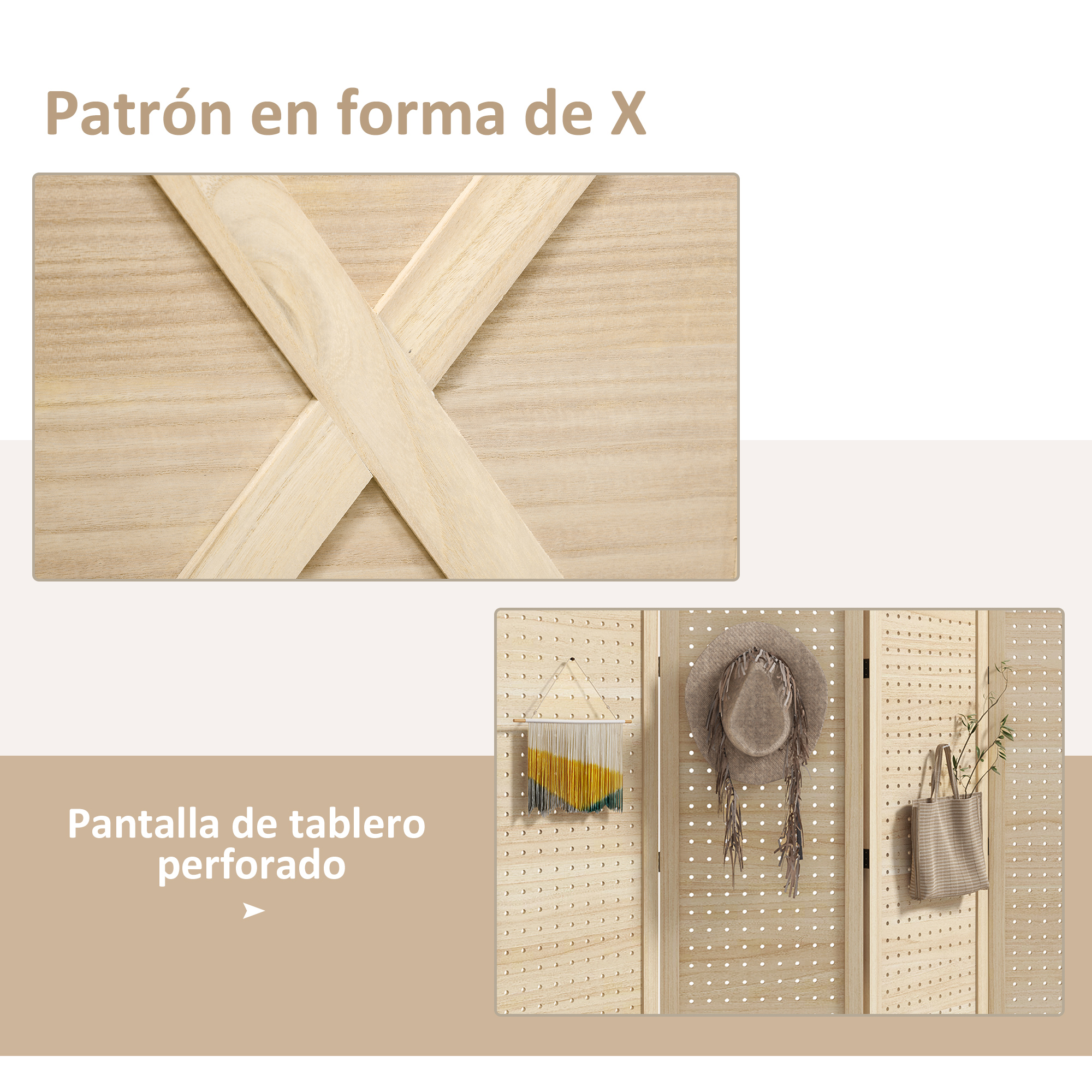 Tablero de madera con patrón X y panel perforado con sombrero y bolso.