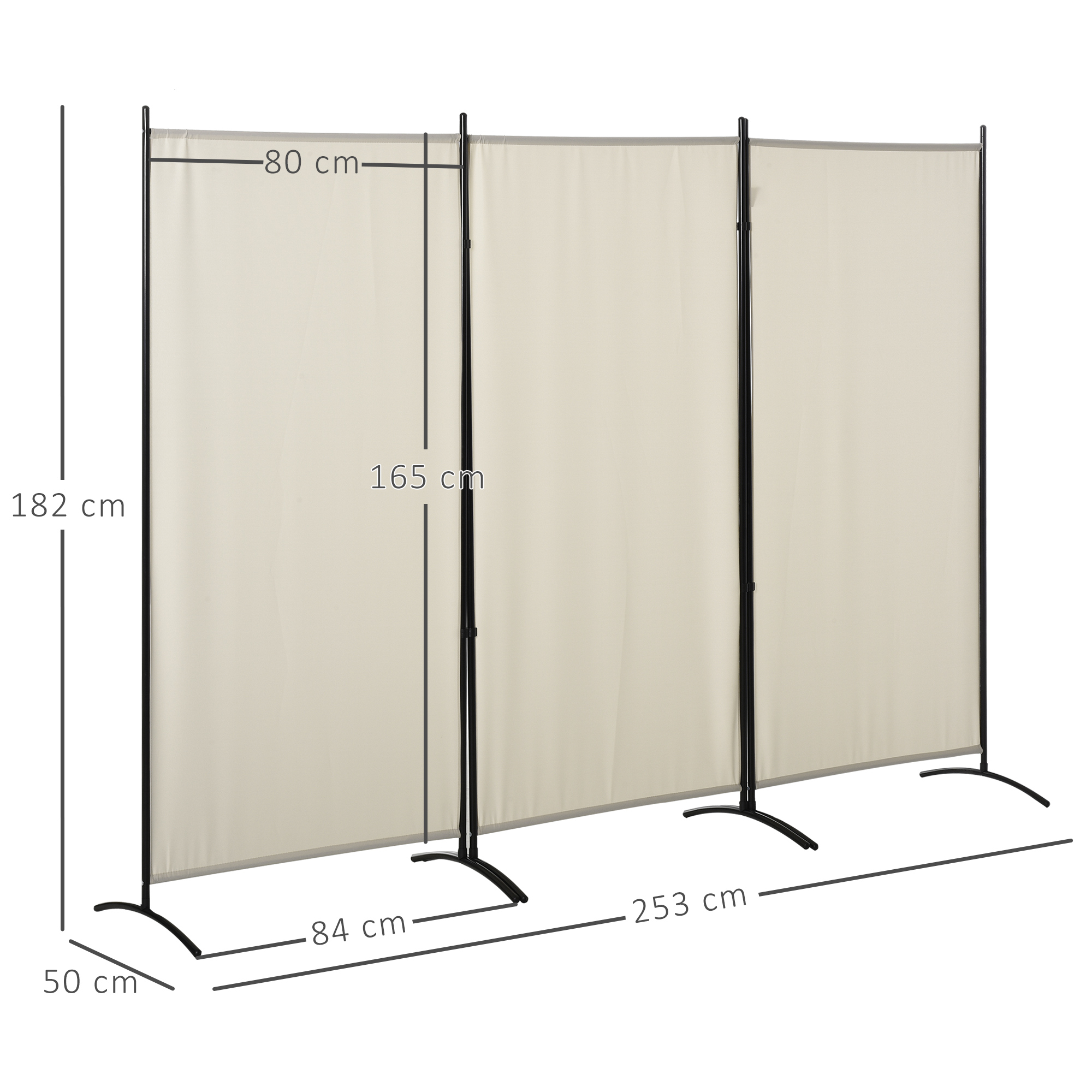 Un separador de ambientes beige de tres paneles con soportes de metal negro.