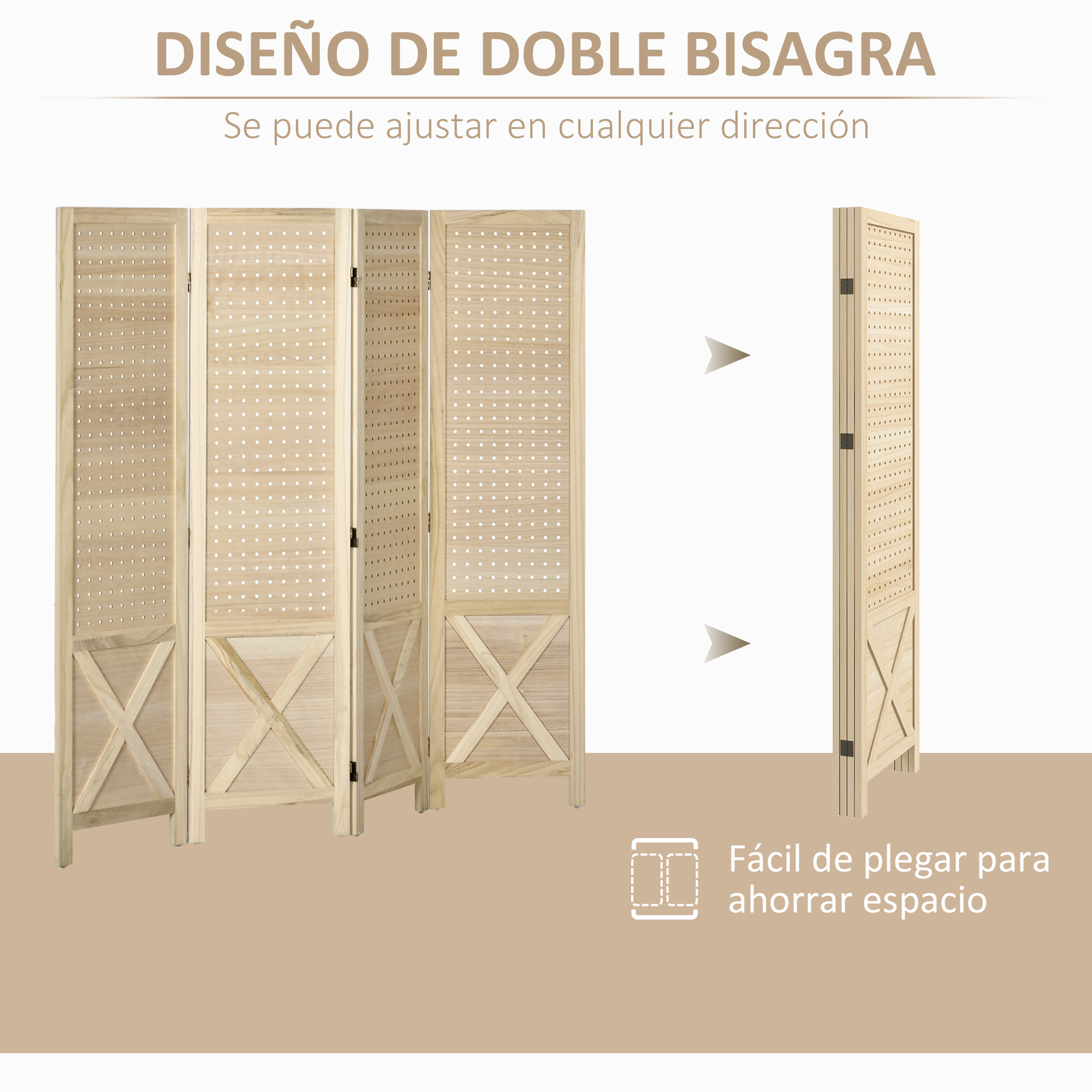 Un separador de ambientes de madera de cuatro paneles con patrón perforado.