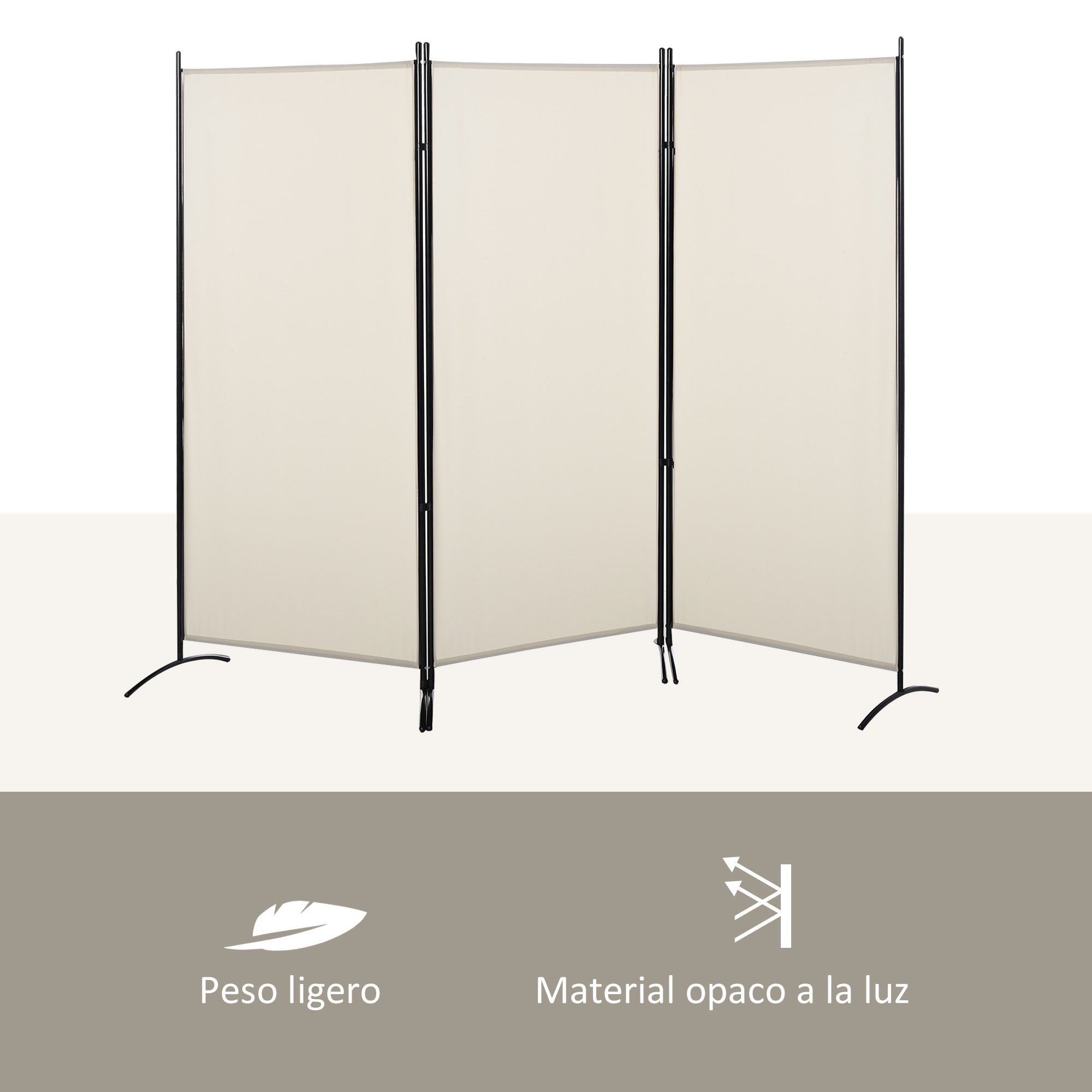 Un separador de ambientes de tres paneles, color claro, con marcos de metal negro.