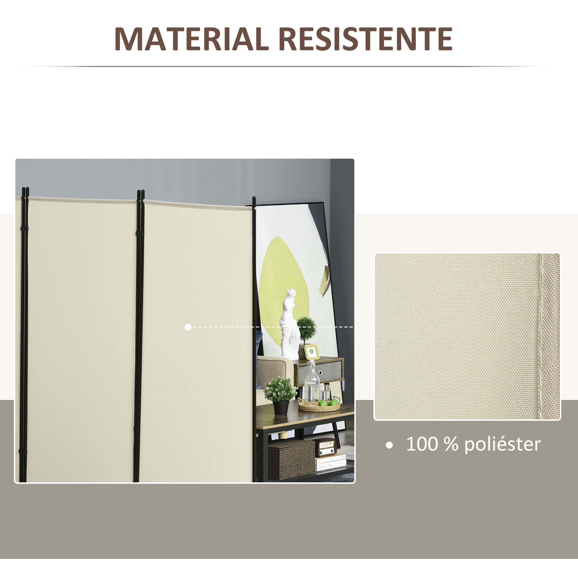 Divisor de ambiente beige con marco negro y primer plano del material.