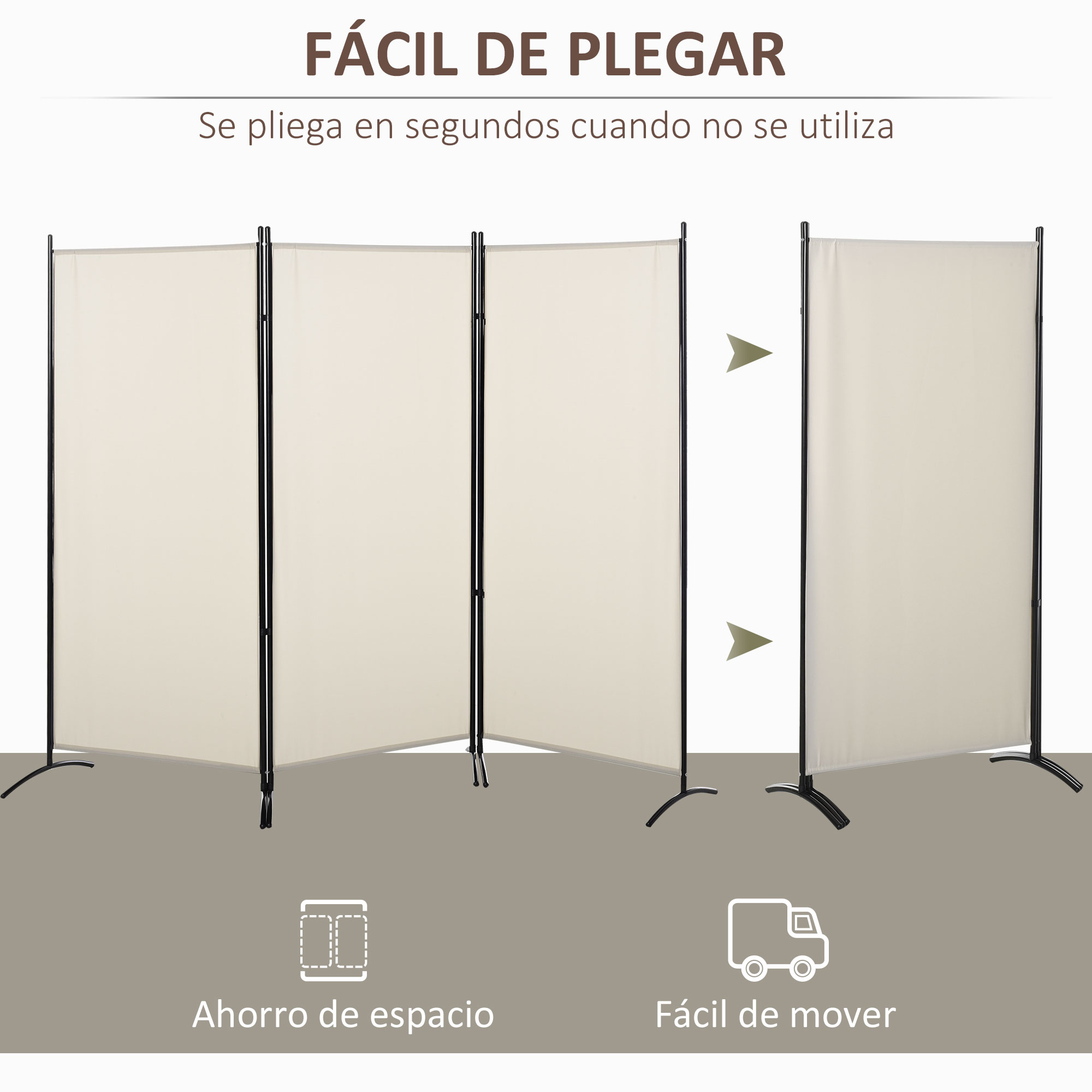 Un biombo beige de cuatro paneles, fácil de plegar y mover.