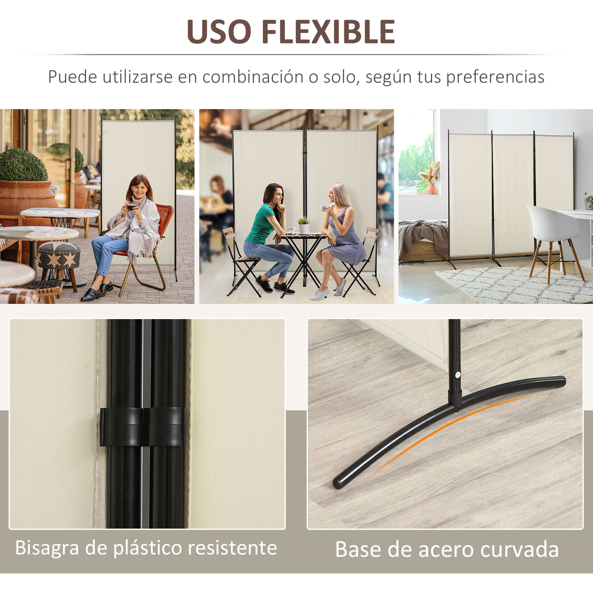 Cuatro escenas muestran un divisor de habitación flexible en varios entornos.