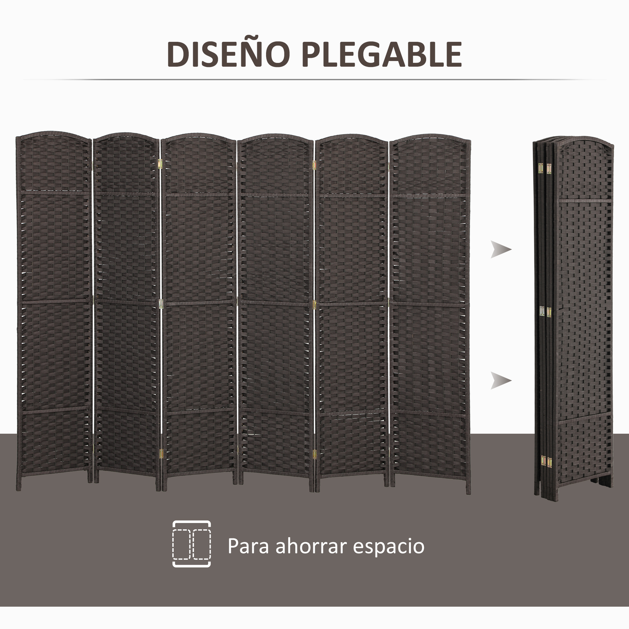 Divisor de ambientes marrón, abierto y plegado.