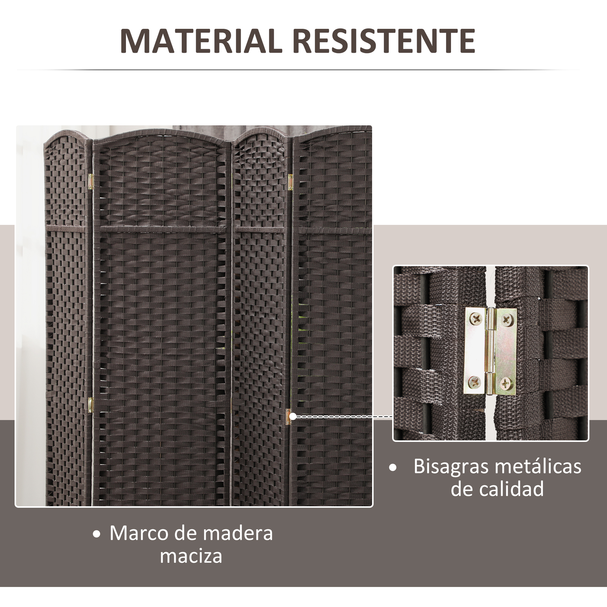 Divisor de ambiente tejido de ratán marrón oscuro con marco de madera.