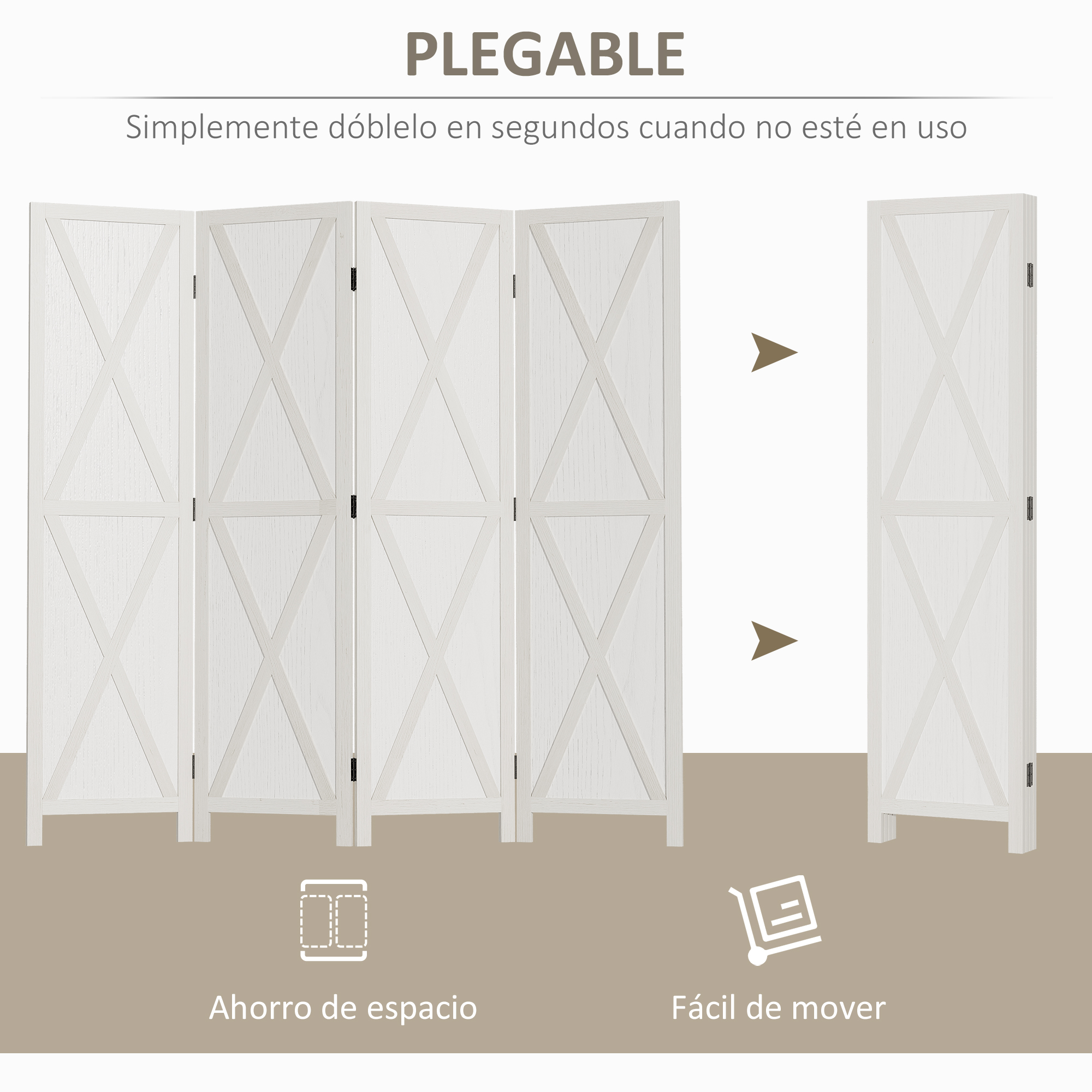 Se muestra un divisor de ambientes blanco y plegable con patrón cruzado.