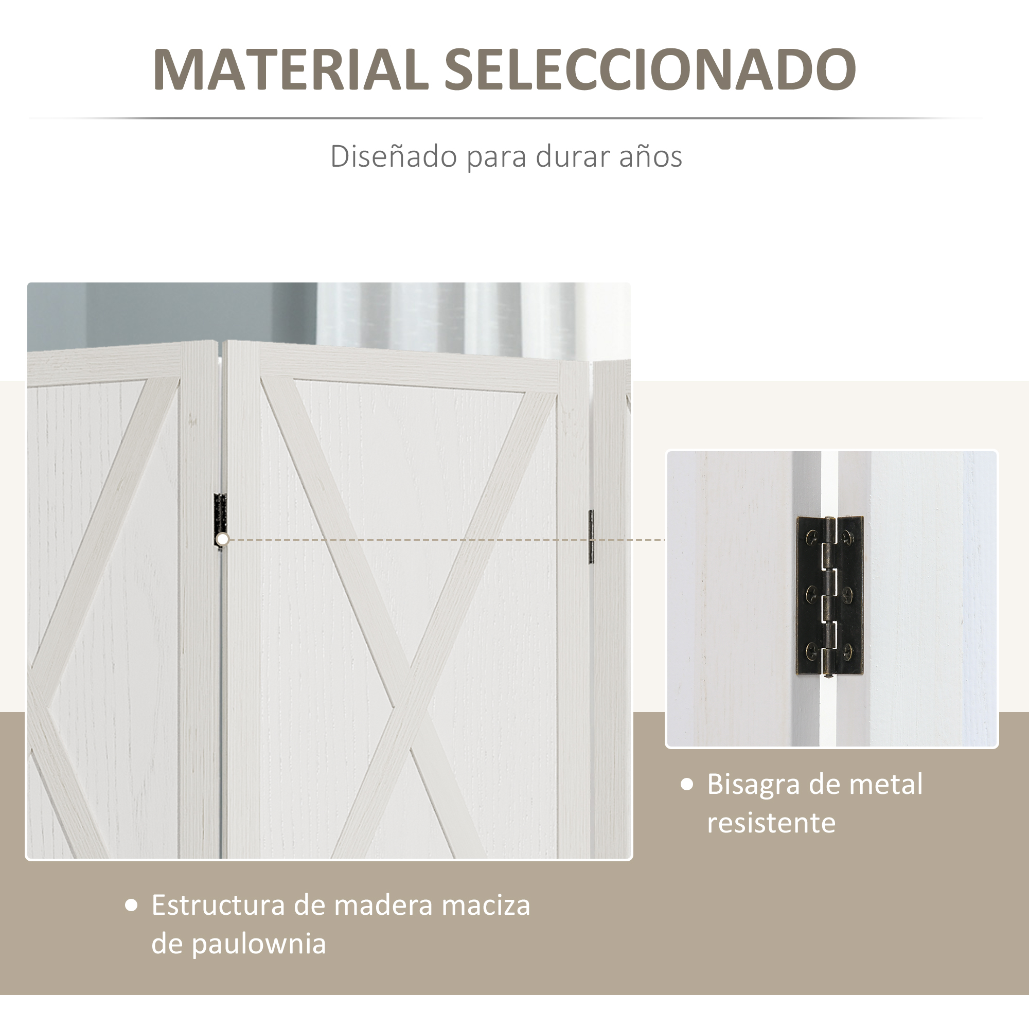 Divisor de ambientes blanco de madera de paulownia con bisagras metálicas.