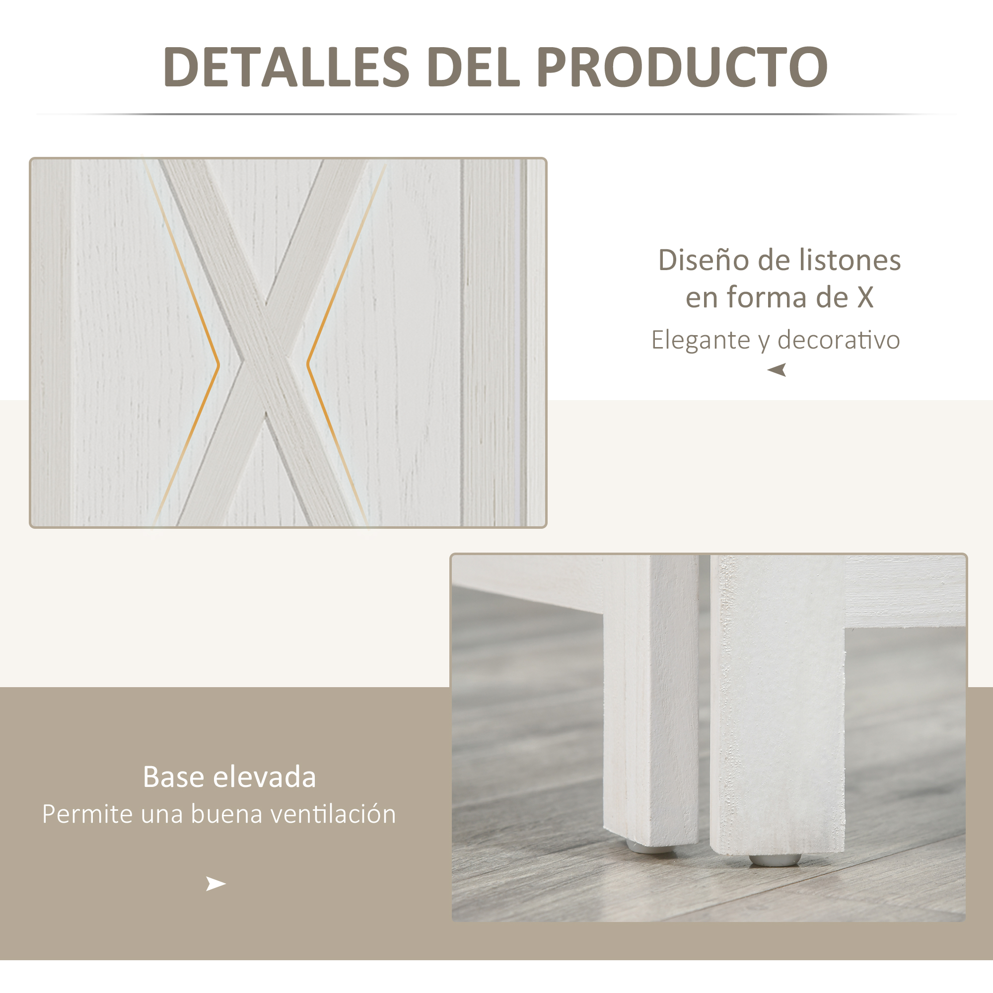 Superficie de madera blanca con diseño de listones en X y base elevada.