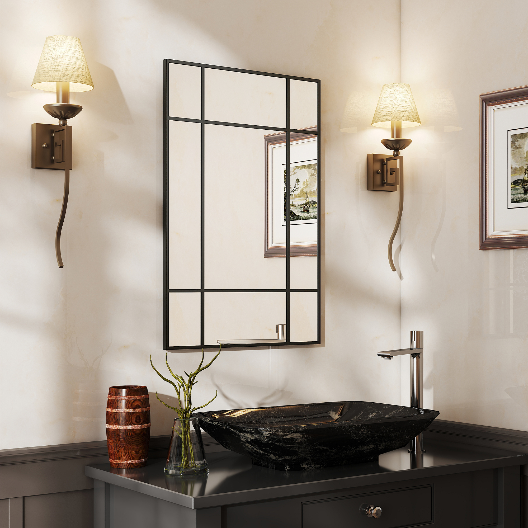 Tocador de baño con lavabo de piedra negra, jarrón de madera y apliques de pared.