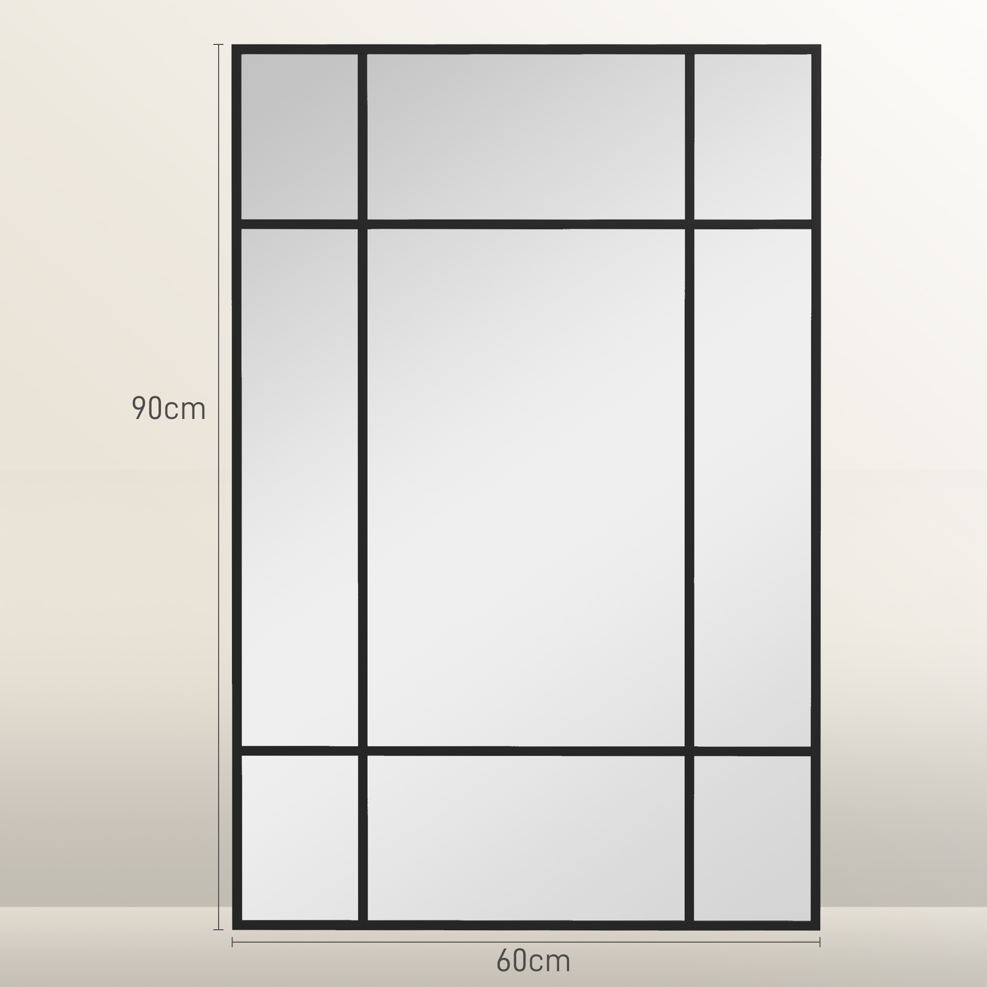 Un espejo rectangular con marco y divisiones negras.