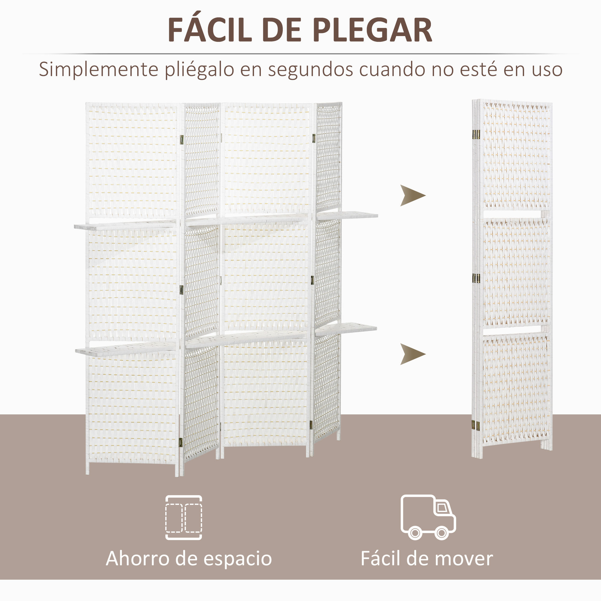 Se muestra un divisor de ambientes blanco plegado y desplegado.