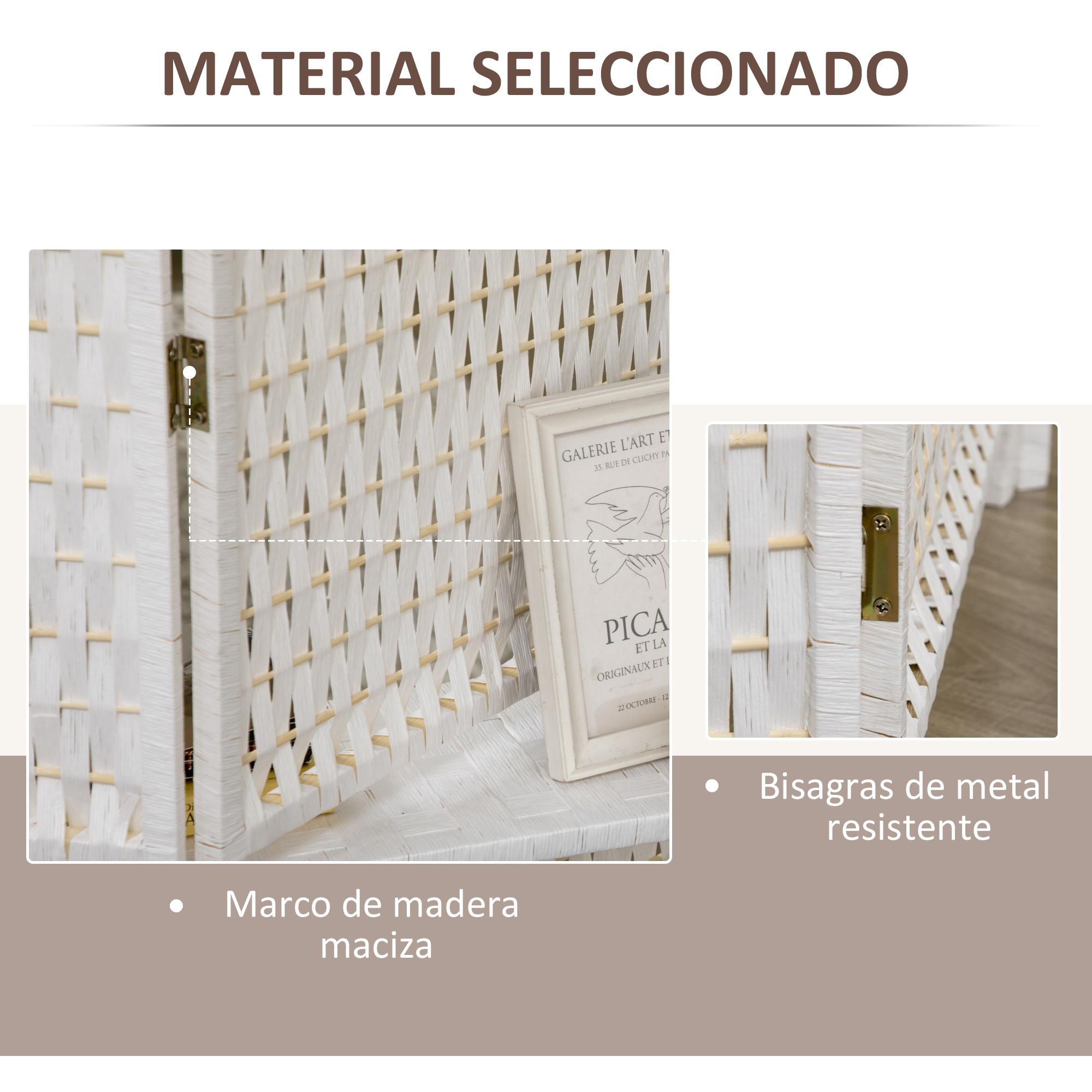 Divisor de ambiente blanco con marco de madera y bisagras metálicas.