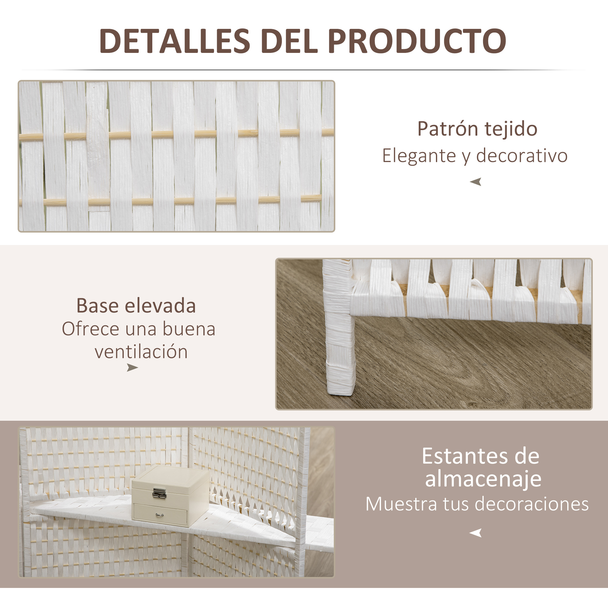 Detalles del producto: Patrón tejido, base elevada, estantes.