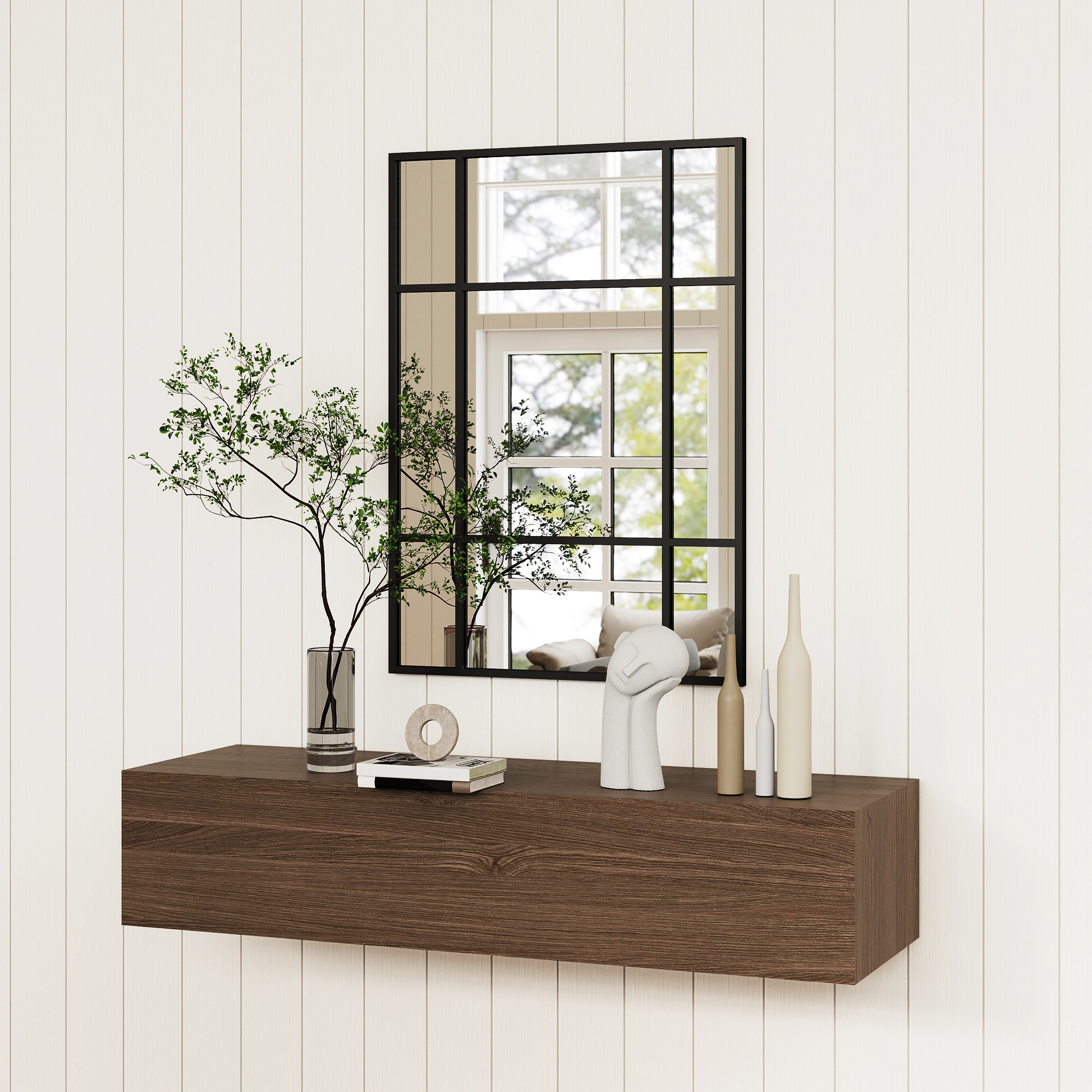 Una consola flotante de madera con espejo, plantas y jarrones.