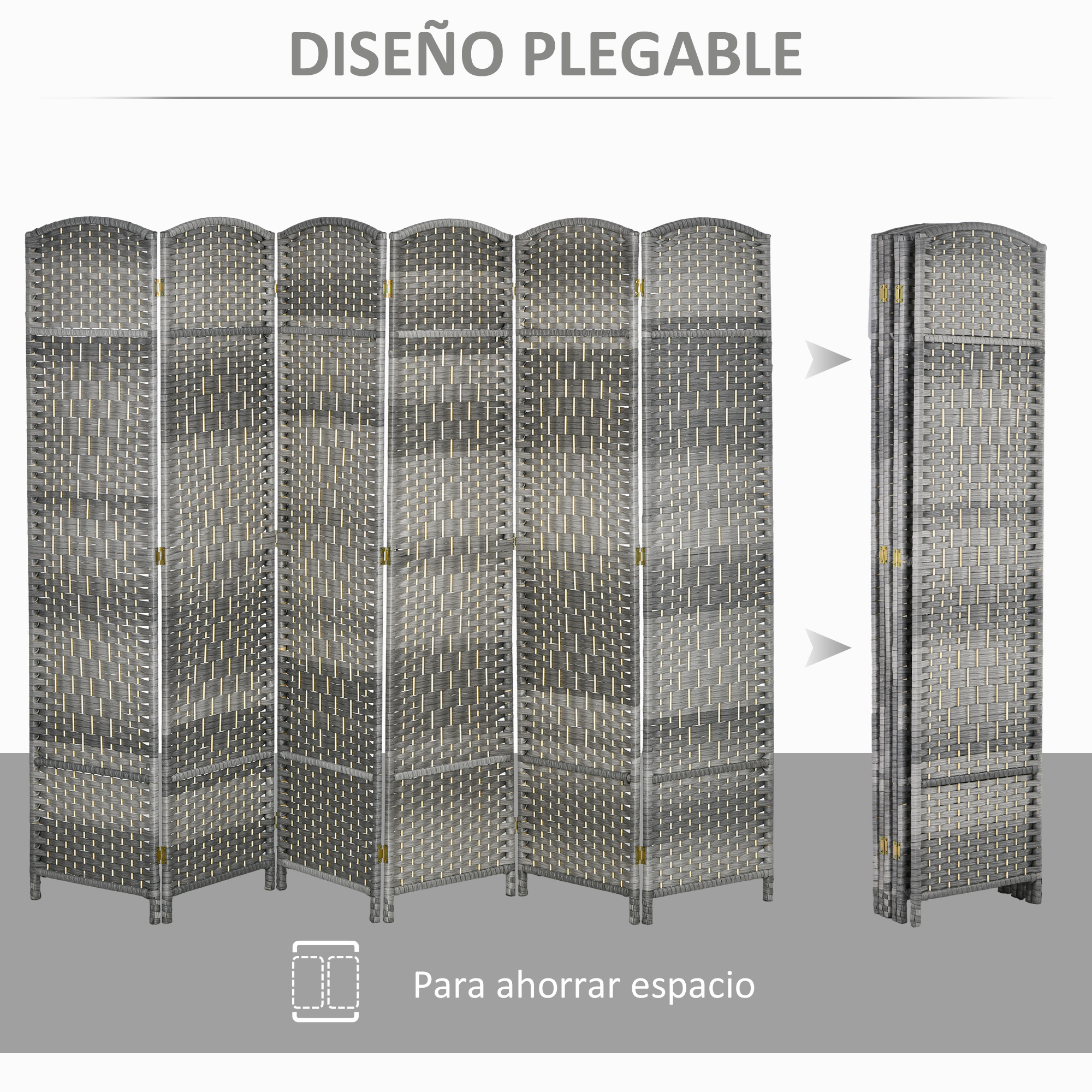 Divisor de ambientes plegable gris de ratán con 6 paneles, mostrado plegado y desplegado.