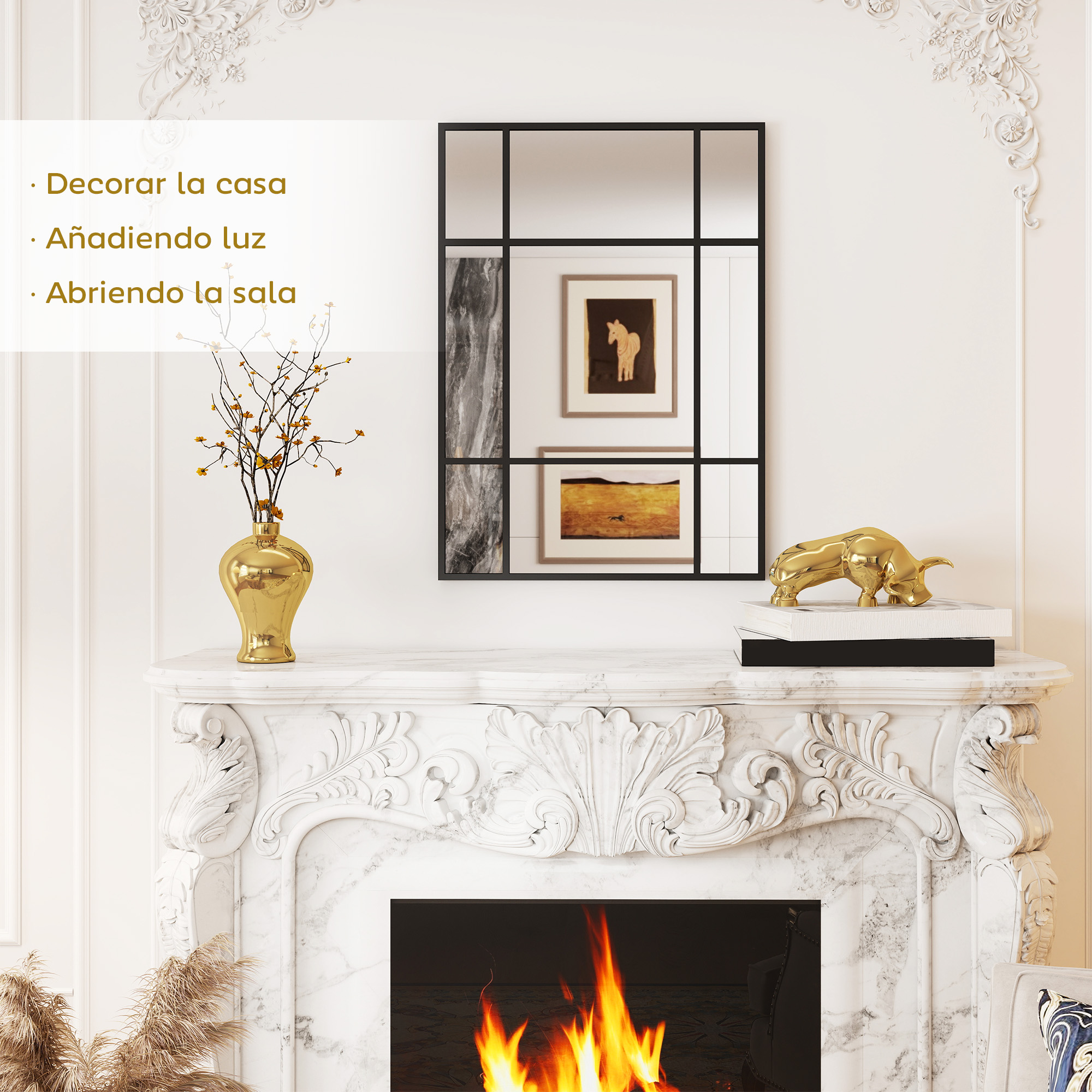 Un toro dorado sobre libros, un espejo y un arreglo floral sobre una chimenea.