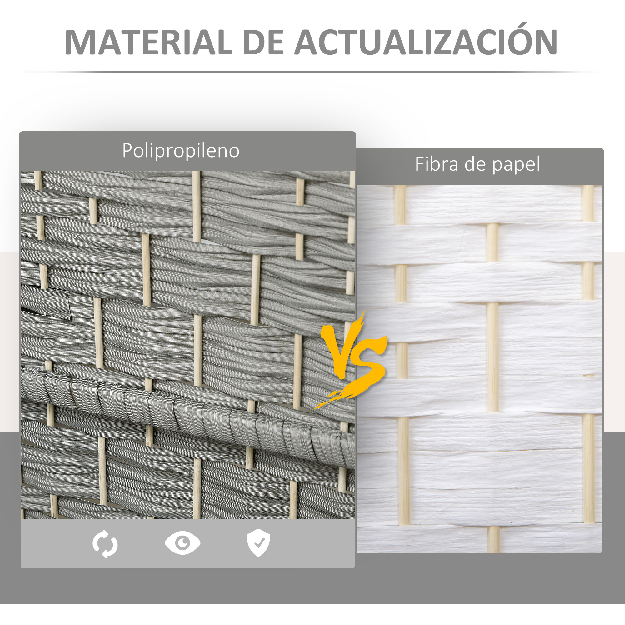 Comparación de materiales de polipropileno y fibra de papel con elementos de madera.