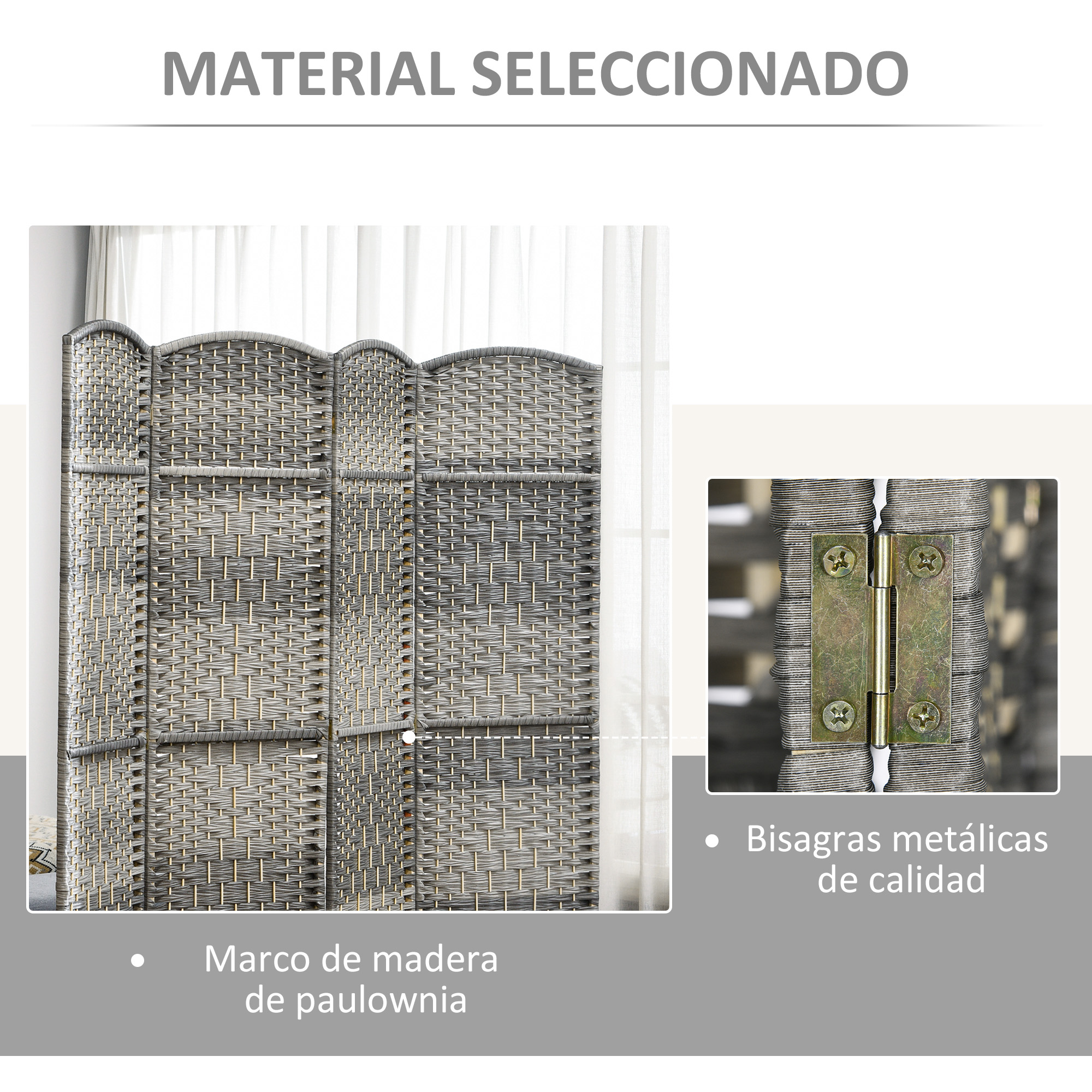 Separador de ambientes gris tejido con marco de madera de paulownia.