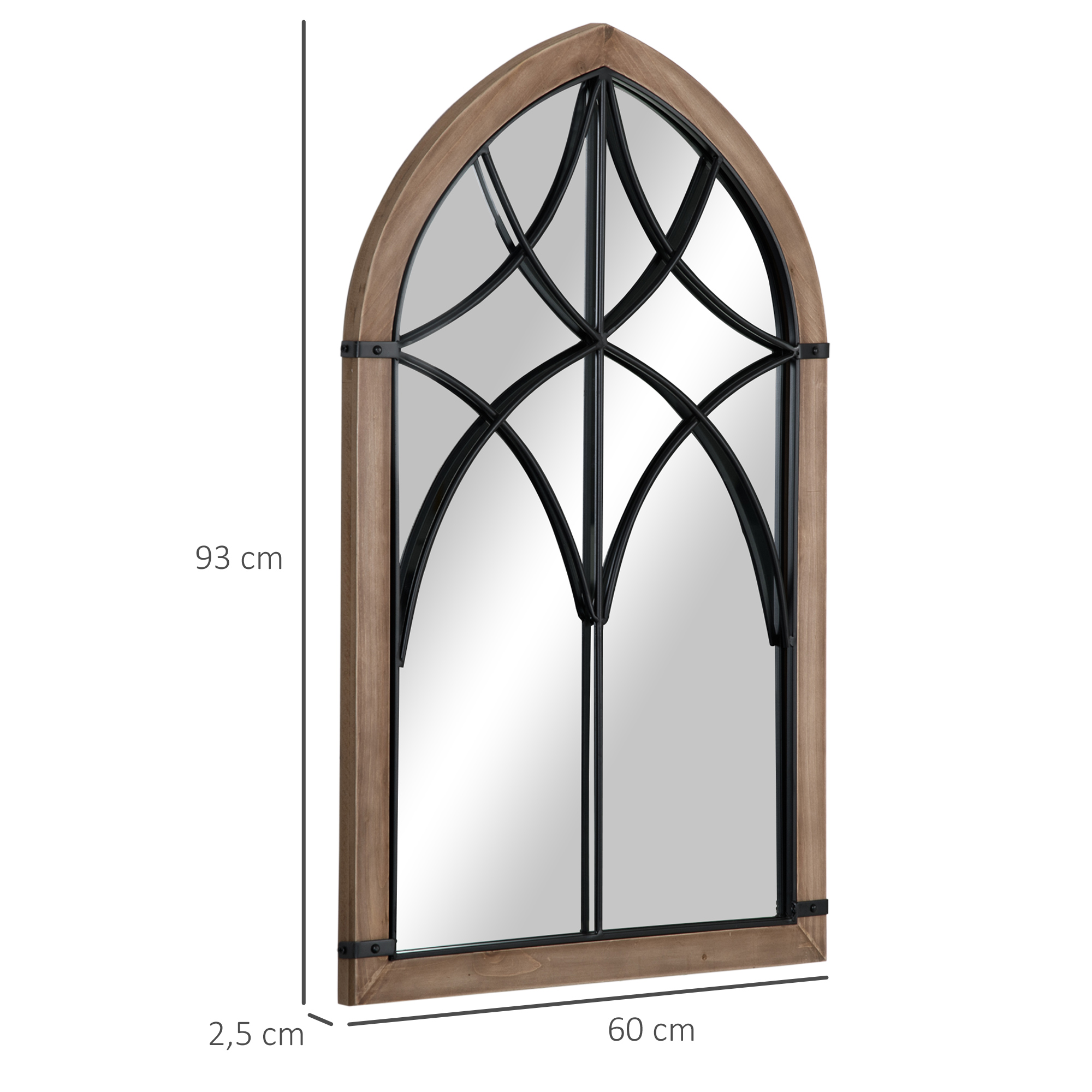 Un espejo de arco apuntado con marco de madera y parteluces negros.