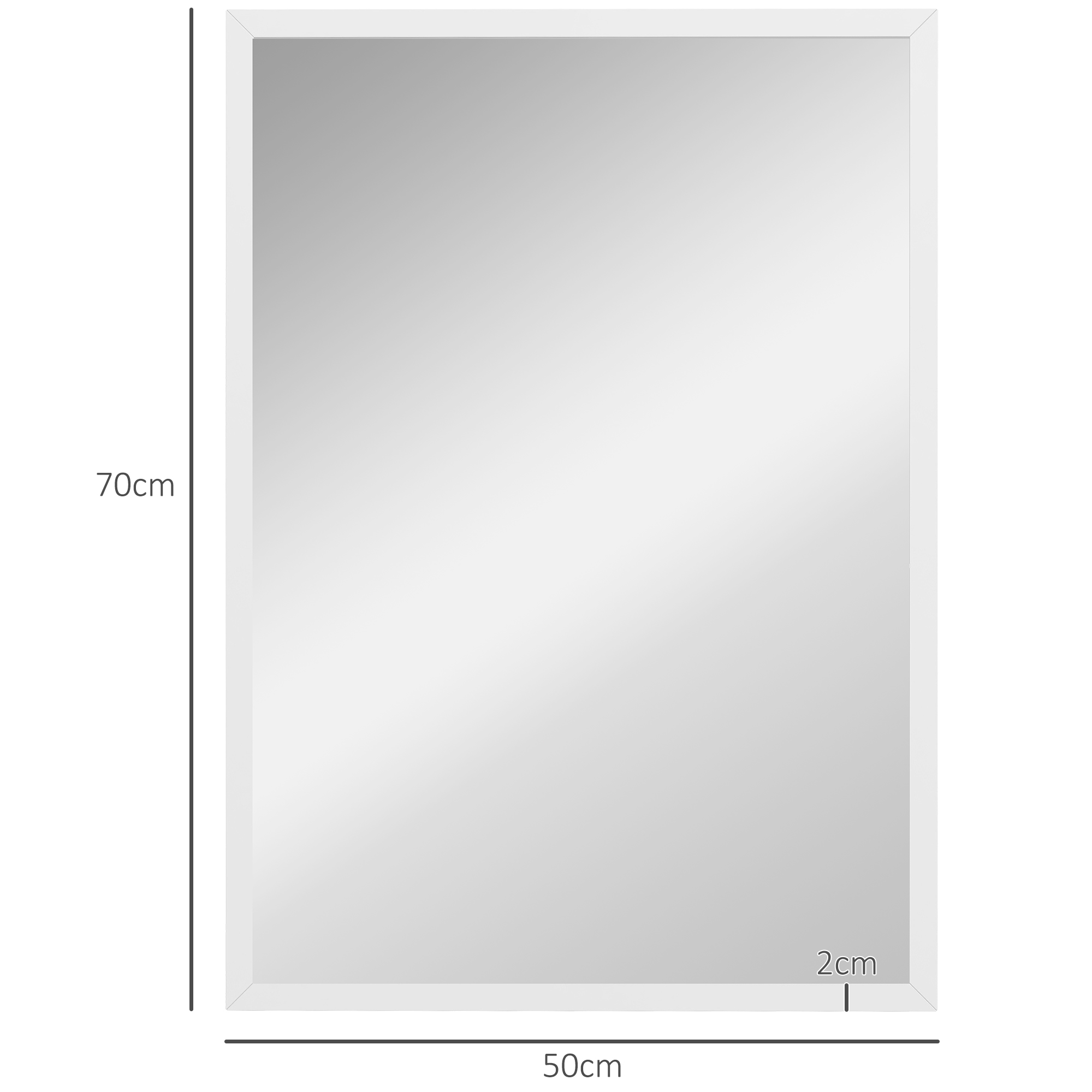 Espejo rectangular, 70cm alto, 50cm ancho, 2cm profundo, marco blanco.
