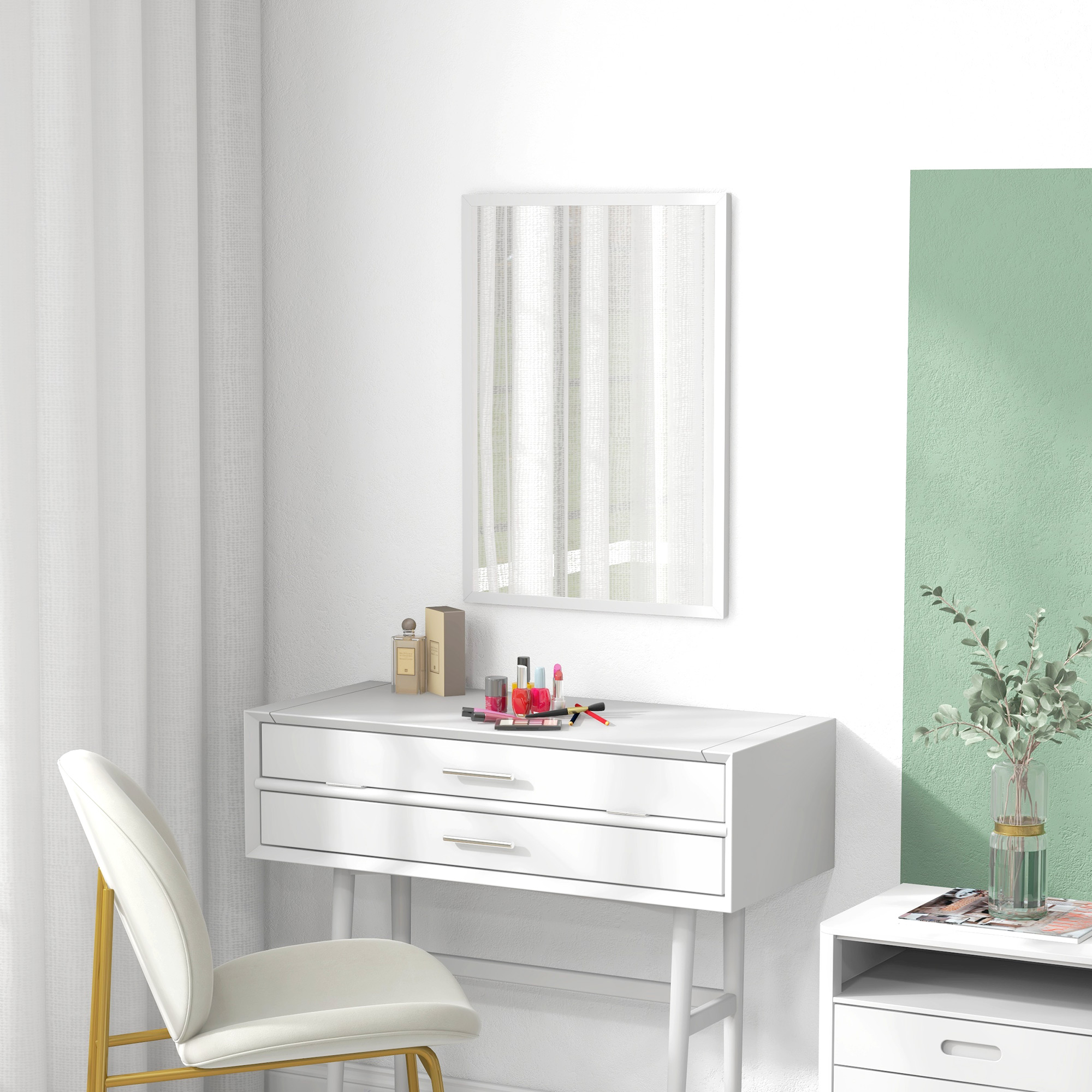 Un tocador blanco con maquillaje, perfume y un espejo. Una silla al lado.