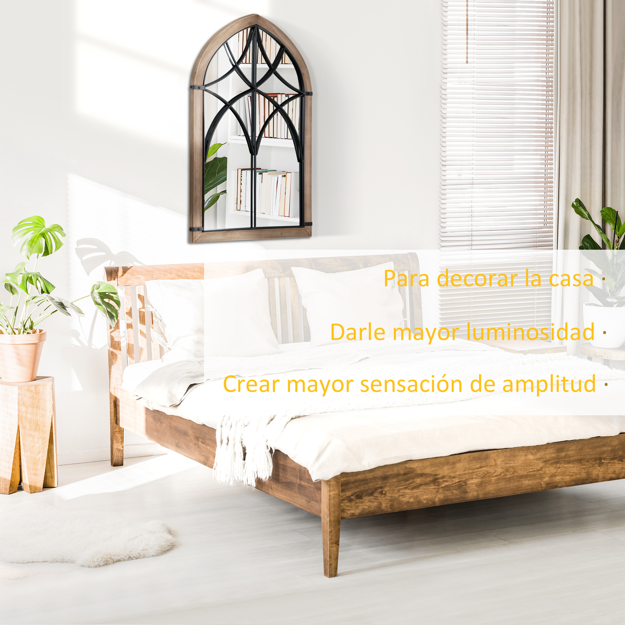 Cama de madera con almohadas blancas, espejo en marco de ventana, planta.