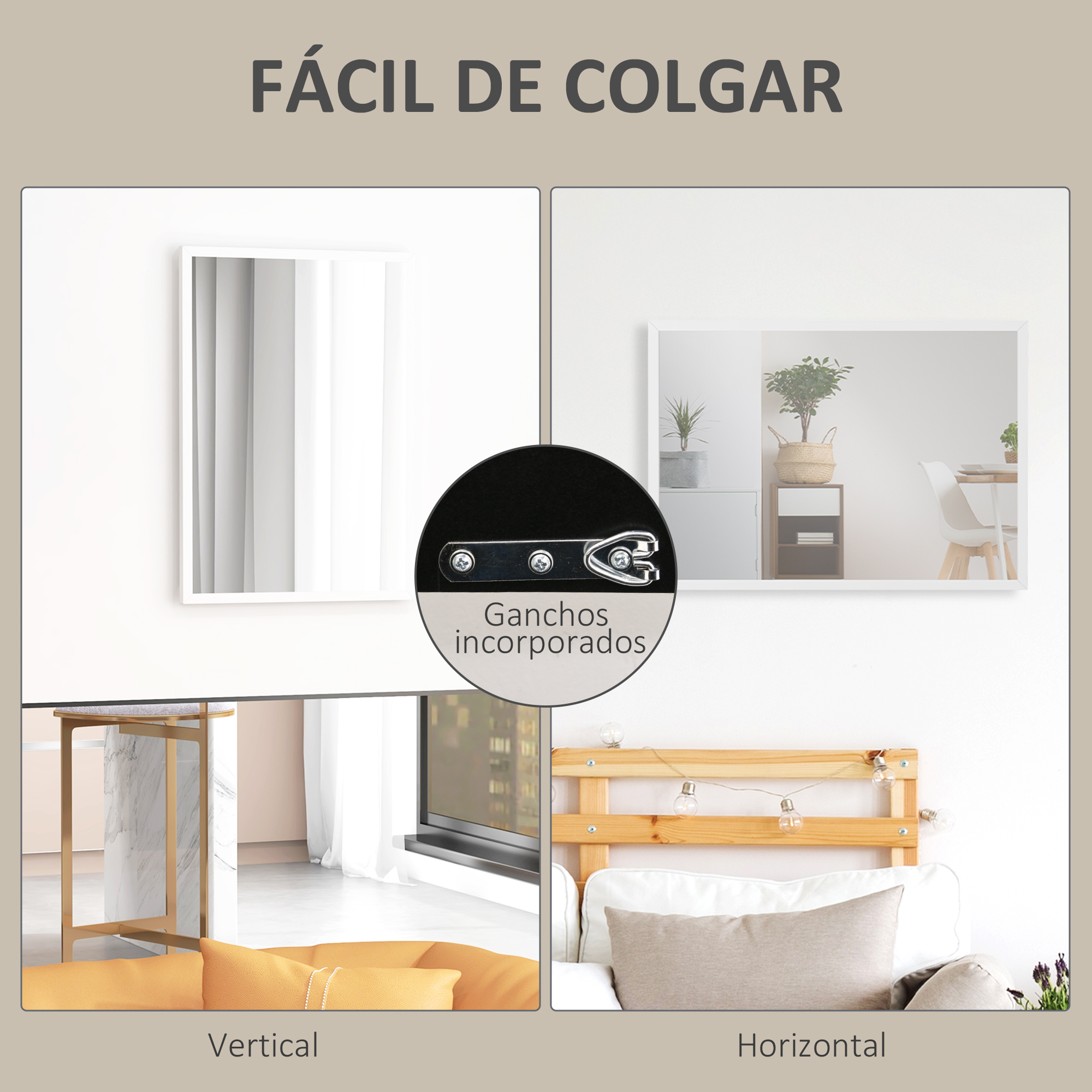 Cuatro imágenes muestran un espejo: vertical, horizontal y con ganchos.