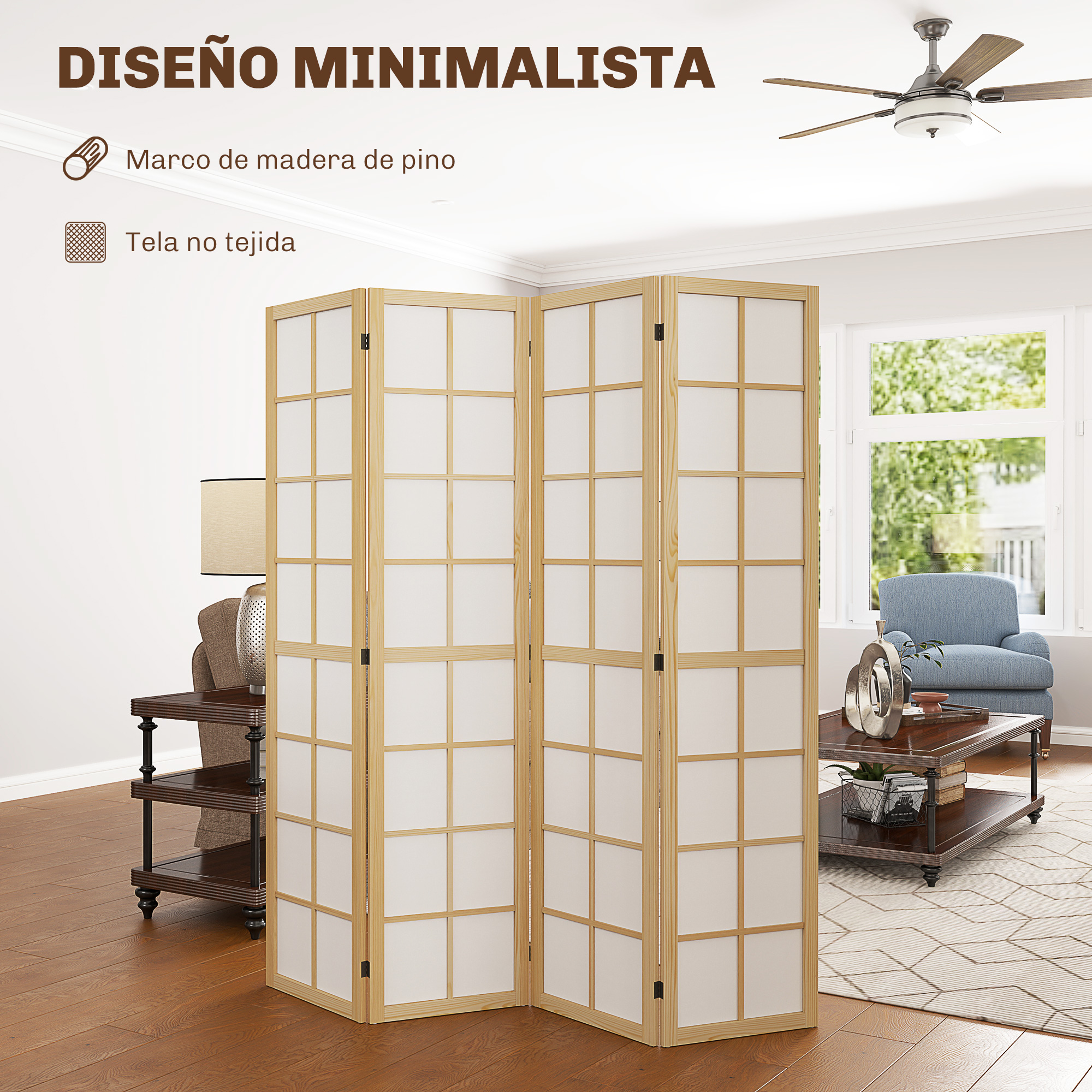 Un separador de ambientes de madera con paneles de tela blanca en una sala.