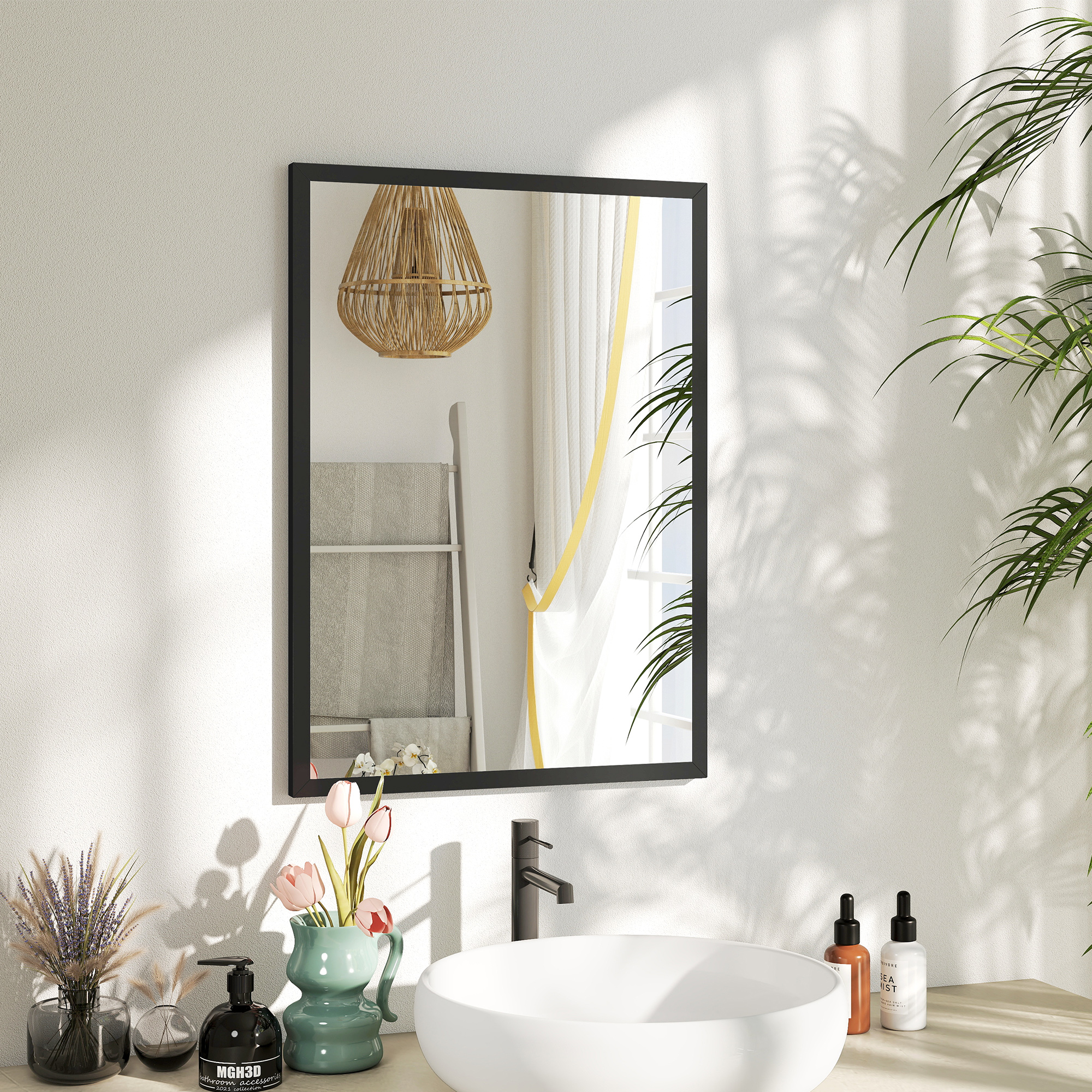 Baño con espejo, lavabo, grifo, flores y plantas.