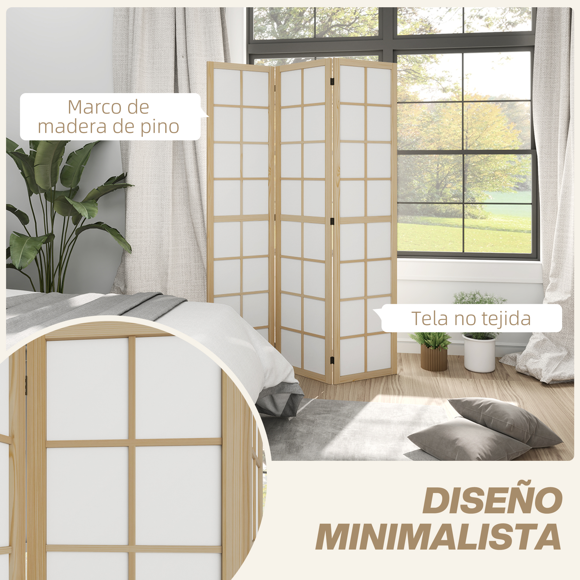 Un separador de ambientes de madera y tela blanca junto a una ventana con vista al otoño.