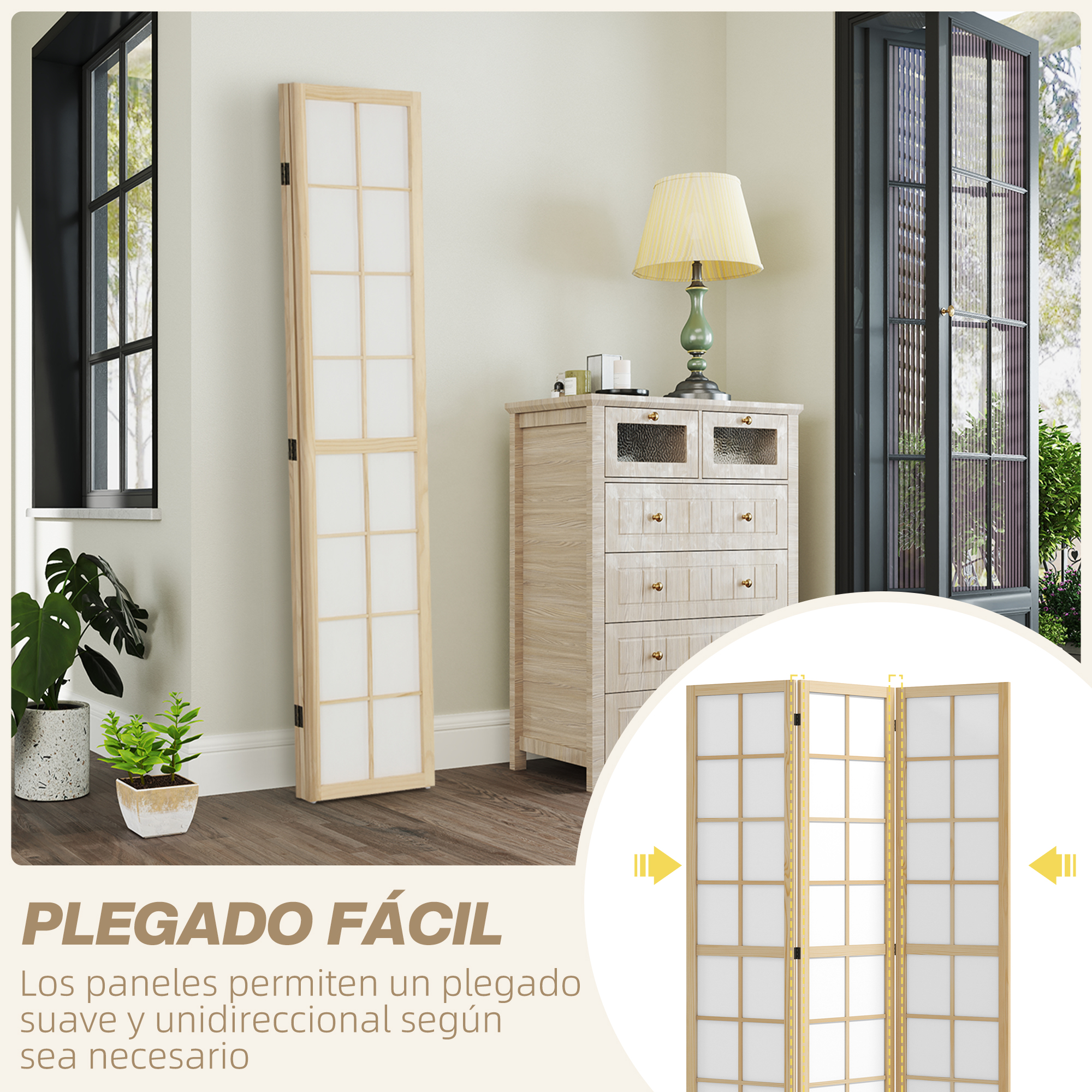 Un separador de ambientes de madera junto a una cómoda y ventana.