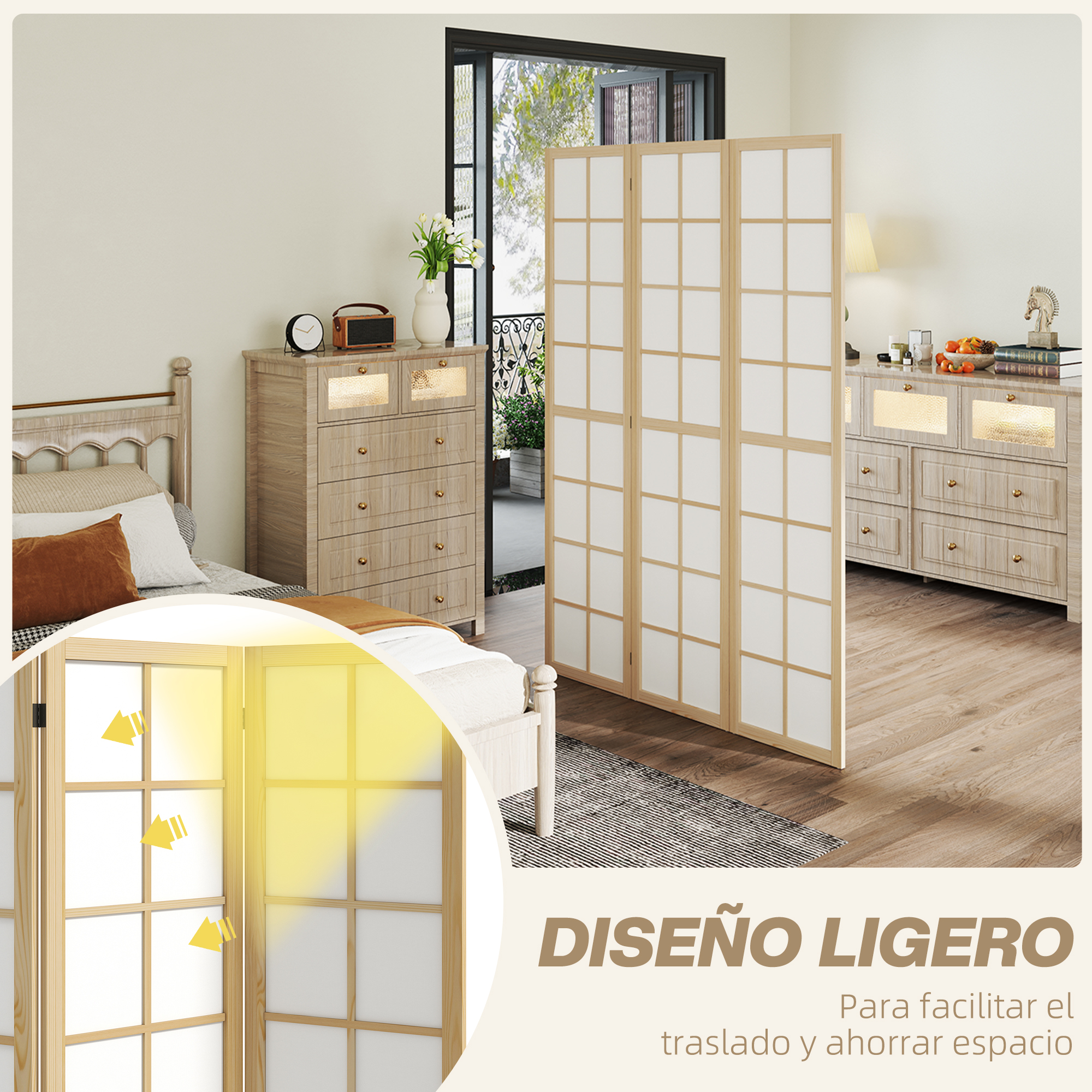 Un dormitorio con divisor de ambientes, cama y cómodas.