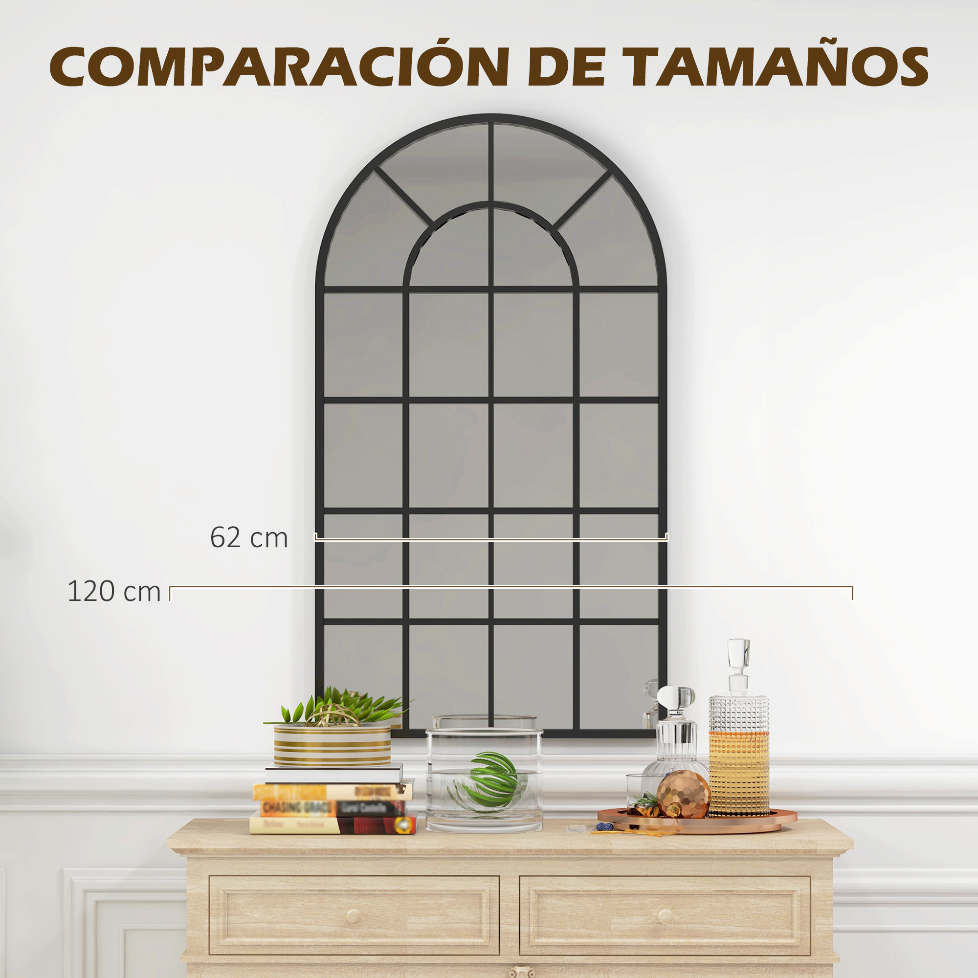 Espejo arqueado alto con marco negro sobre cómoda con decoración. Indicadores de tamaño.