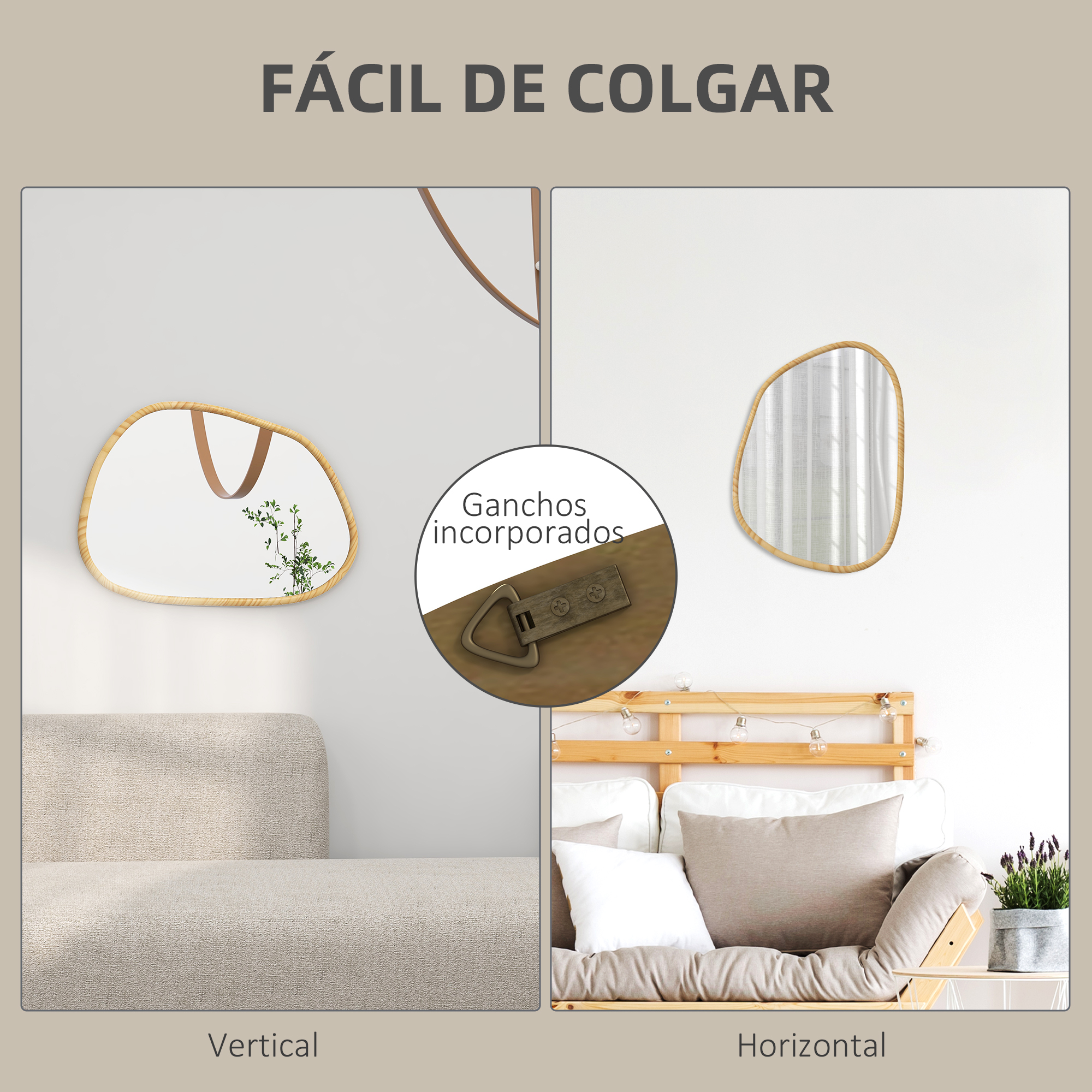 Espejos con marco de madera: vertical sobre sofá, horizontal sobre cama.