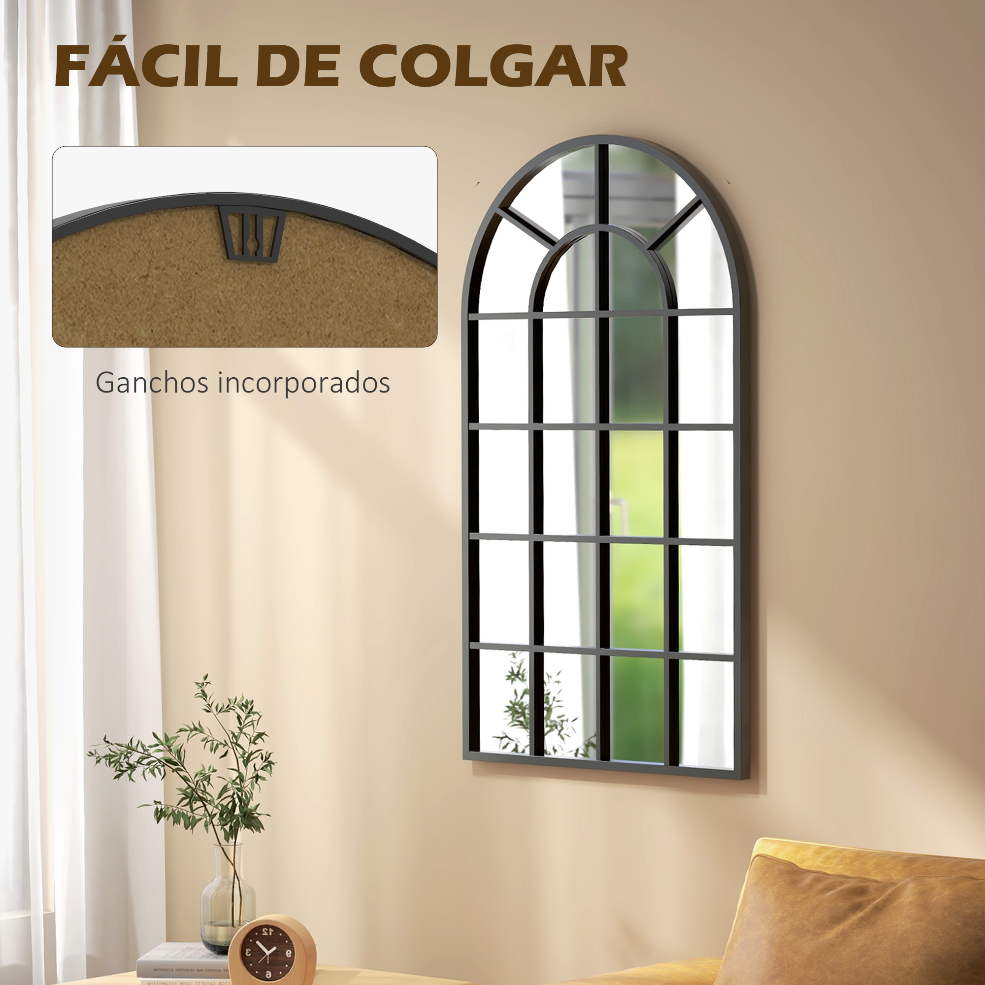 Espejo alto y estrecho con marco de metal negro, diseño de ventana.