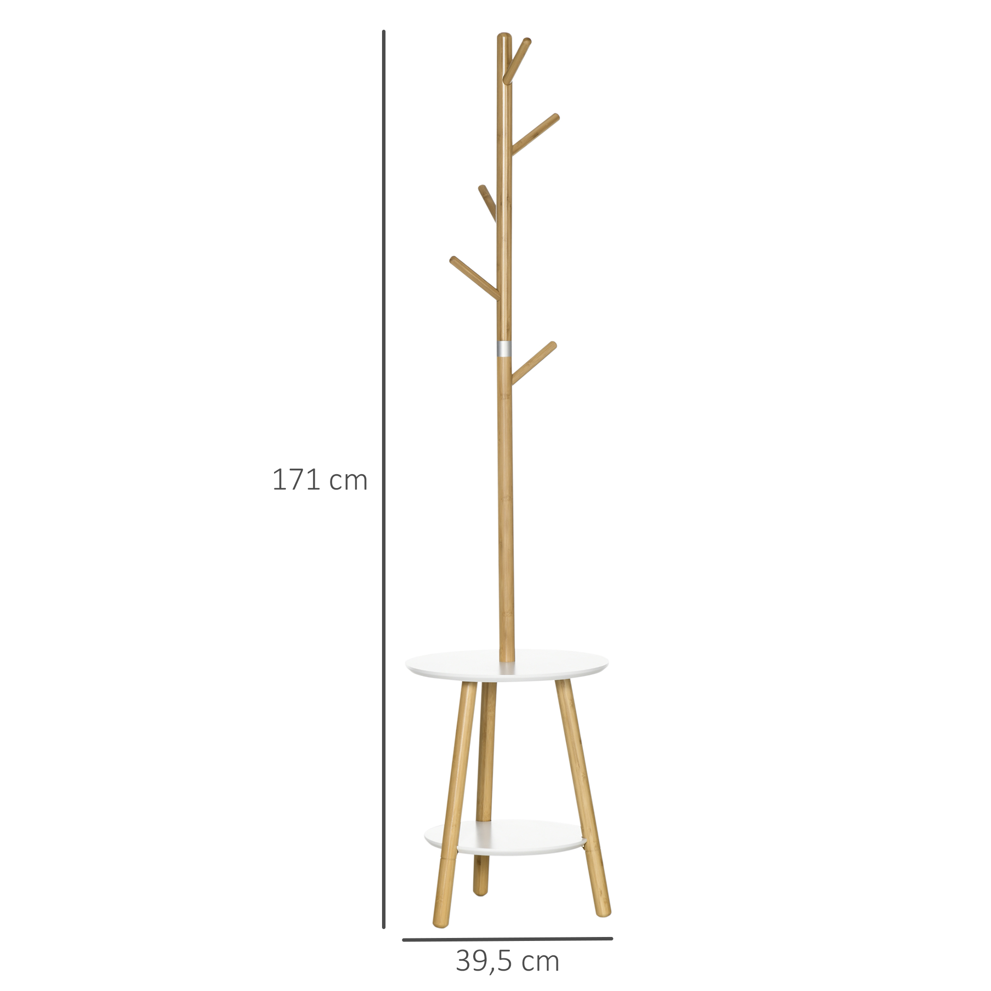 Un perchero de madera con dos estantes redondos blancos y varios ganchos.