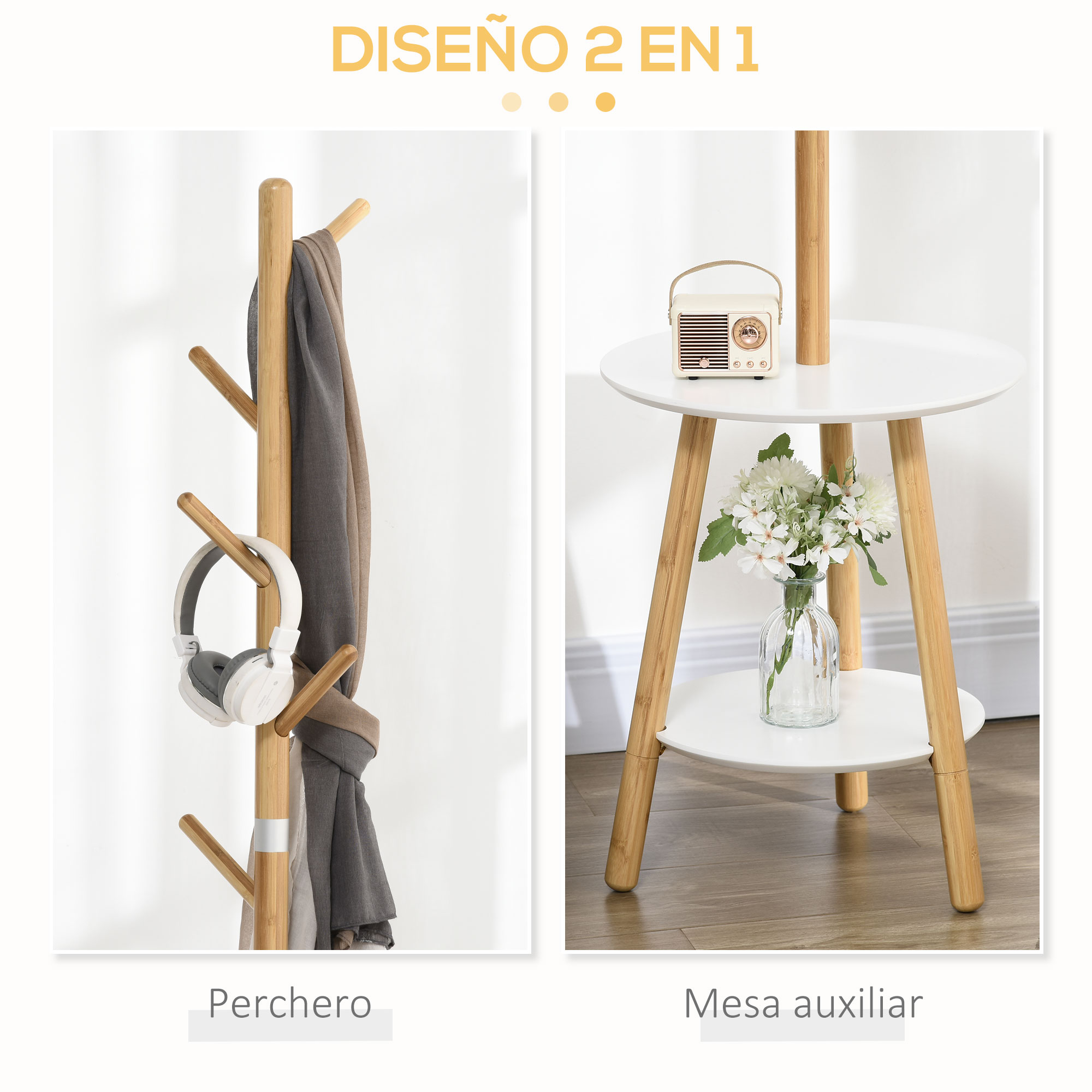 Perchero de madera con bufanda y auriculares. Mesa auxiliar con radio, jarrón y flores.