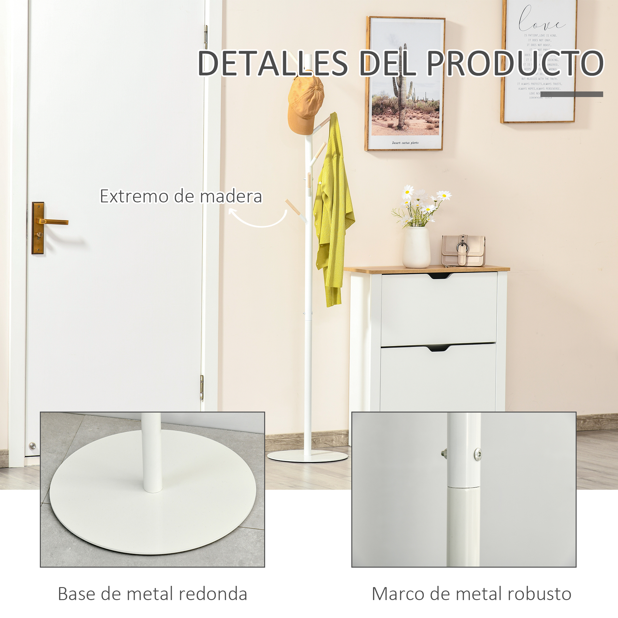 Un perchero blanco con suéter amarillo y gorra. Primeros planos muestran detalles de base y marco.