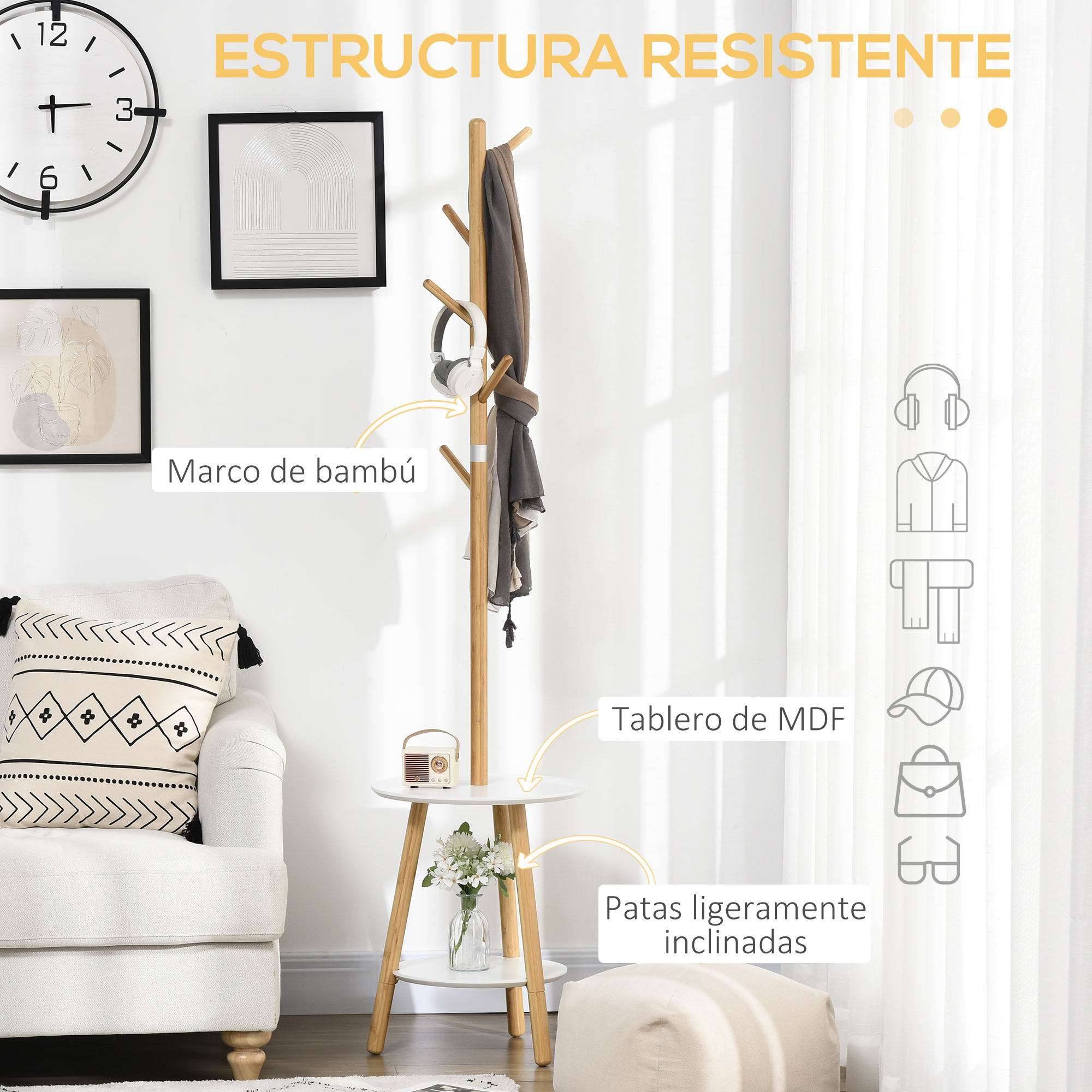 Un perchero de madera con dos estantes, bufanda y auriculares.